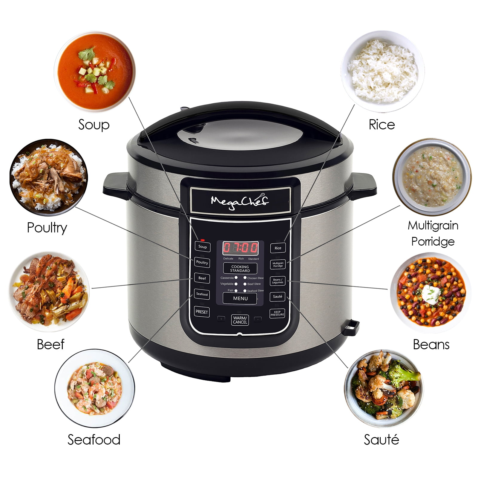MegaChef 6 Quart Electric Pressure Cooker with 14 Pre-Set Multi-Function Features & Stainless Steel Pot - Image 4