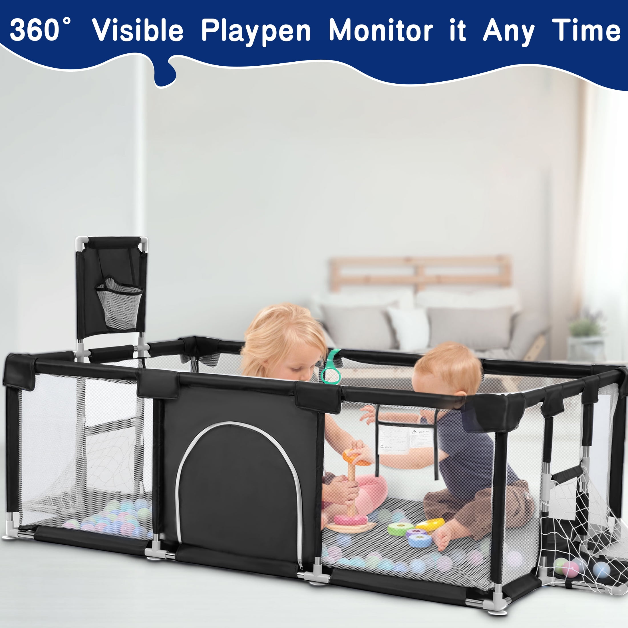 HioHa Large Baby Playpen, Big Playard with Basketball Hoop, Portable Play Yard Baby Fences with Storage Bag for Infant Toddler - Image 3