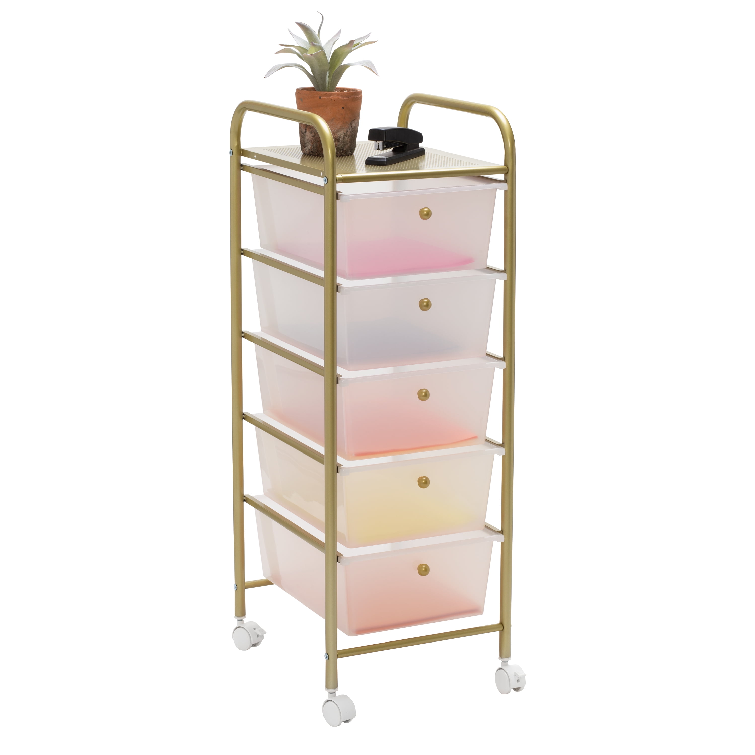 Honey-Can-Do Plastic and Steel Rolling 5-Drawer Storage Cart with 1 Shelf, Clear/Gold - Image 8
