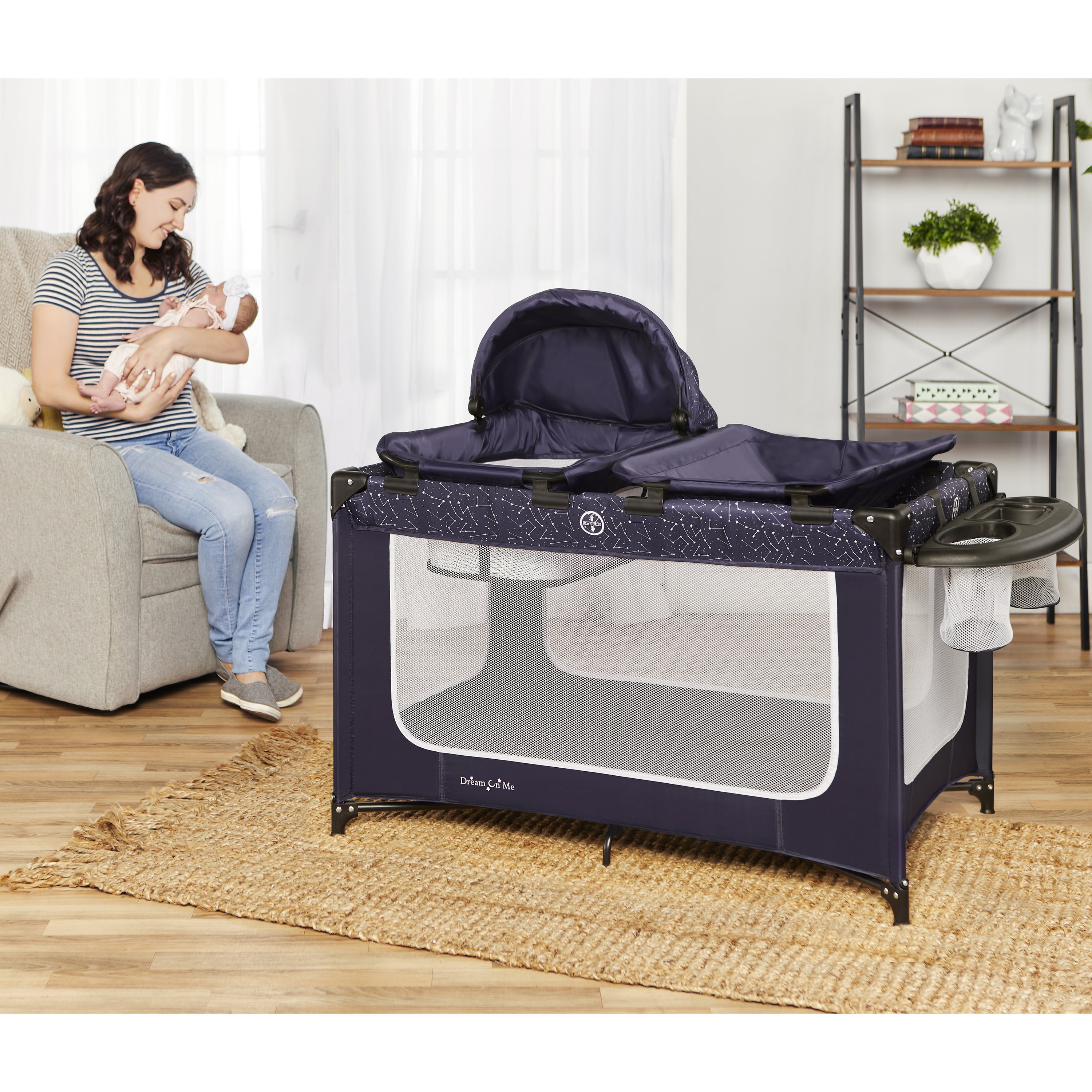 Dream On Me Emily Rose Deluxe Playard with Changing Tray and Infant Bassinet | with Canopy | Waterproof Fabric | with Changing Station | JPMA Certified | Lightweight In In Galaxy Blue - Image 3