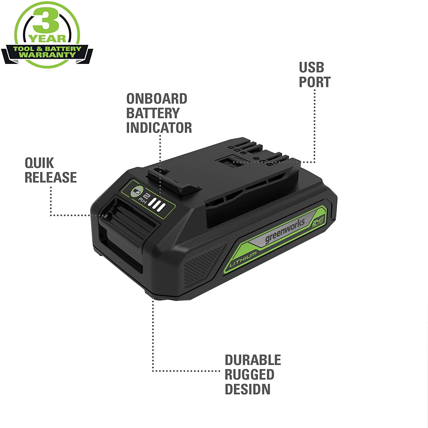 Greenworks 24V 2Ah USB Battery 2949702AZ - Image 3