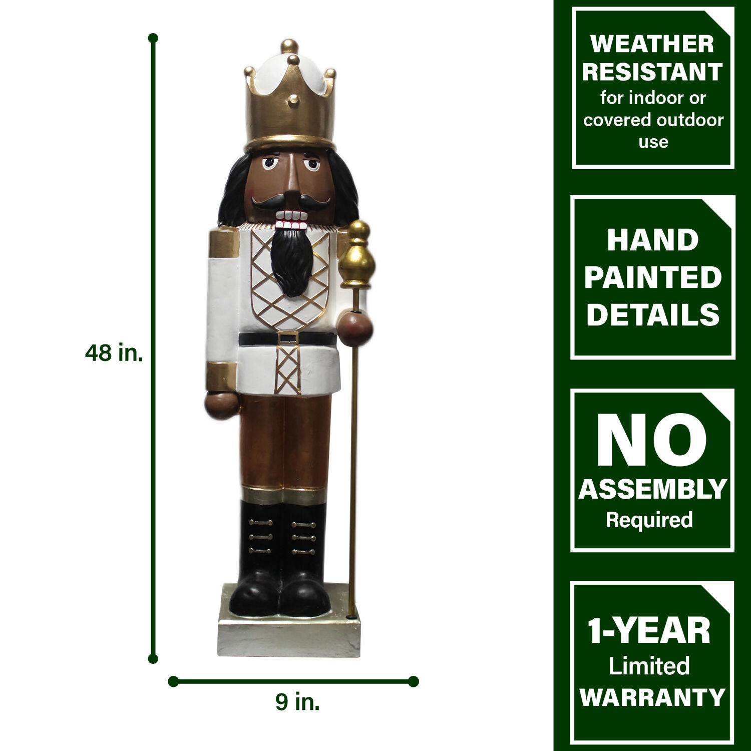 Fraser Hill Farm 48-In. African American Nutcracker Holding Staff MGO Figurine, Festive Indoor Christmas Holiday Decorations, White/Gold, FFMG048-0NC-GLDAA - Image 6