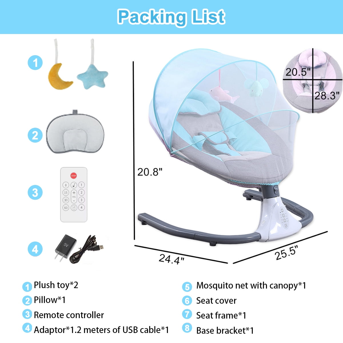EONROACOO Portable Baby Swing, 4 Speed Infant Toddler Swing Bouncer, Bluetooth, Blue - Image 3