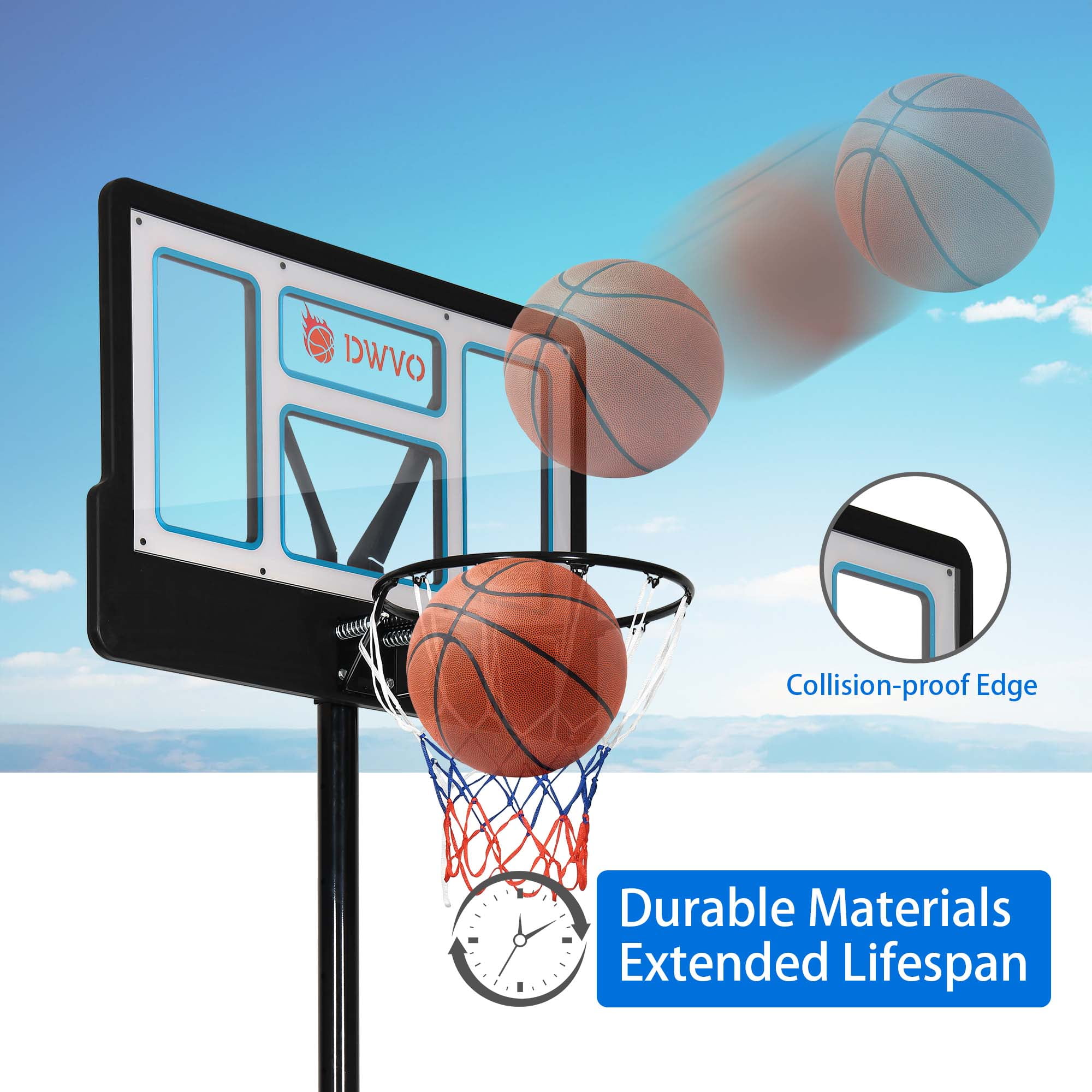 Dextrus 44" Adjustable Portable Basketball Hoop with Wheels and Collision-Proof Edge, 4.4-10ft, Blue - Image 2