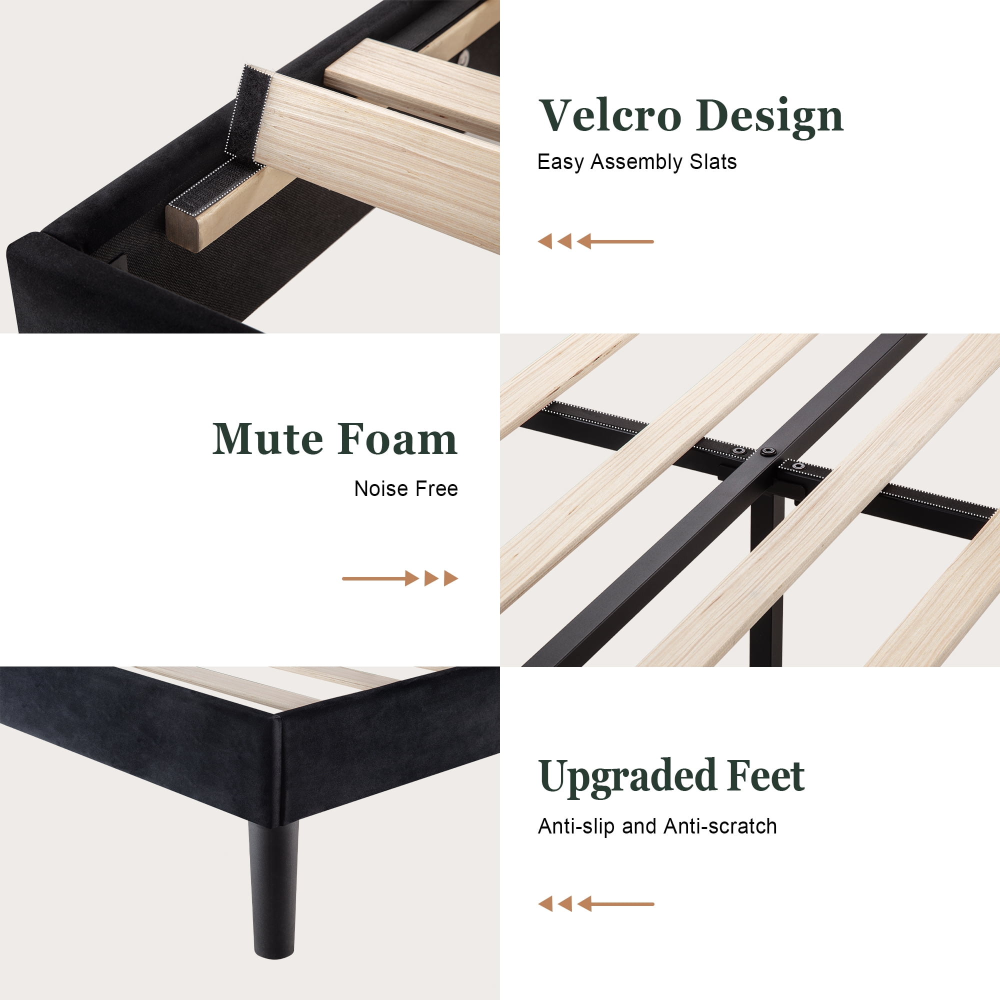 Amolife Queen Size Upholstered Platform Bed Frame with Adjustable Velvet Headboard, Black - Image 2