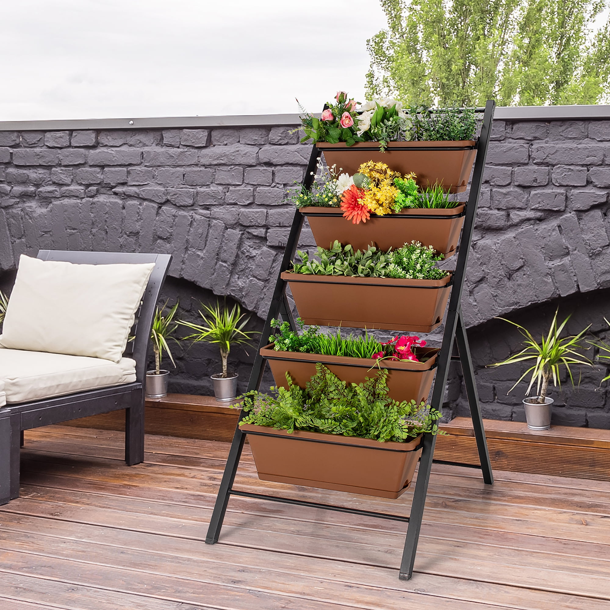 Costway 5-tier Vertical Garden Planter Box Elevated Raised Bed w/5 Container Brown - Image 4