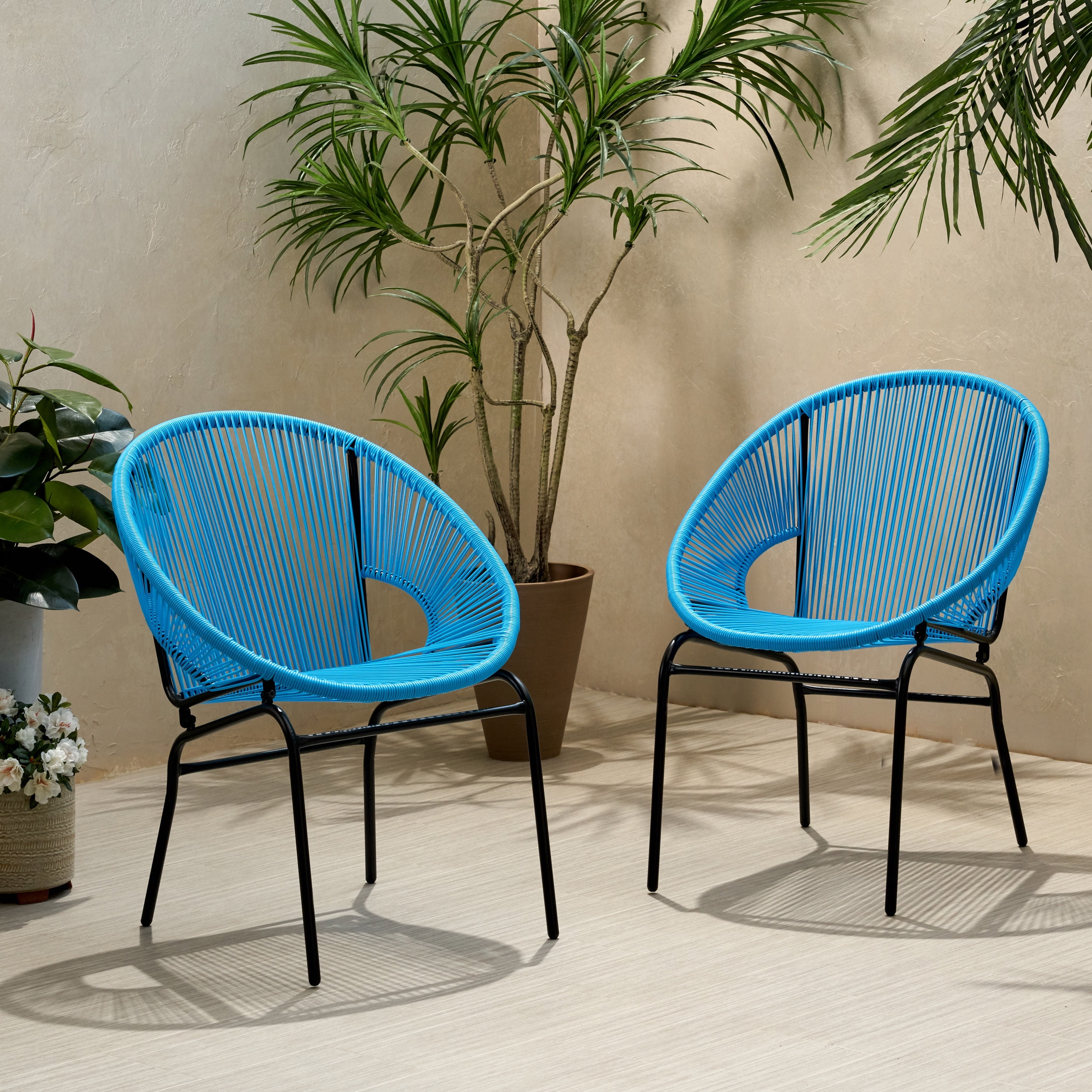Noble House Nusa Faux Rattan and Iron Patio Chair Set in Blue/Black (Set of 2) - Image 5