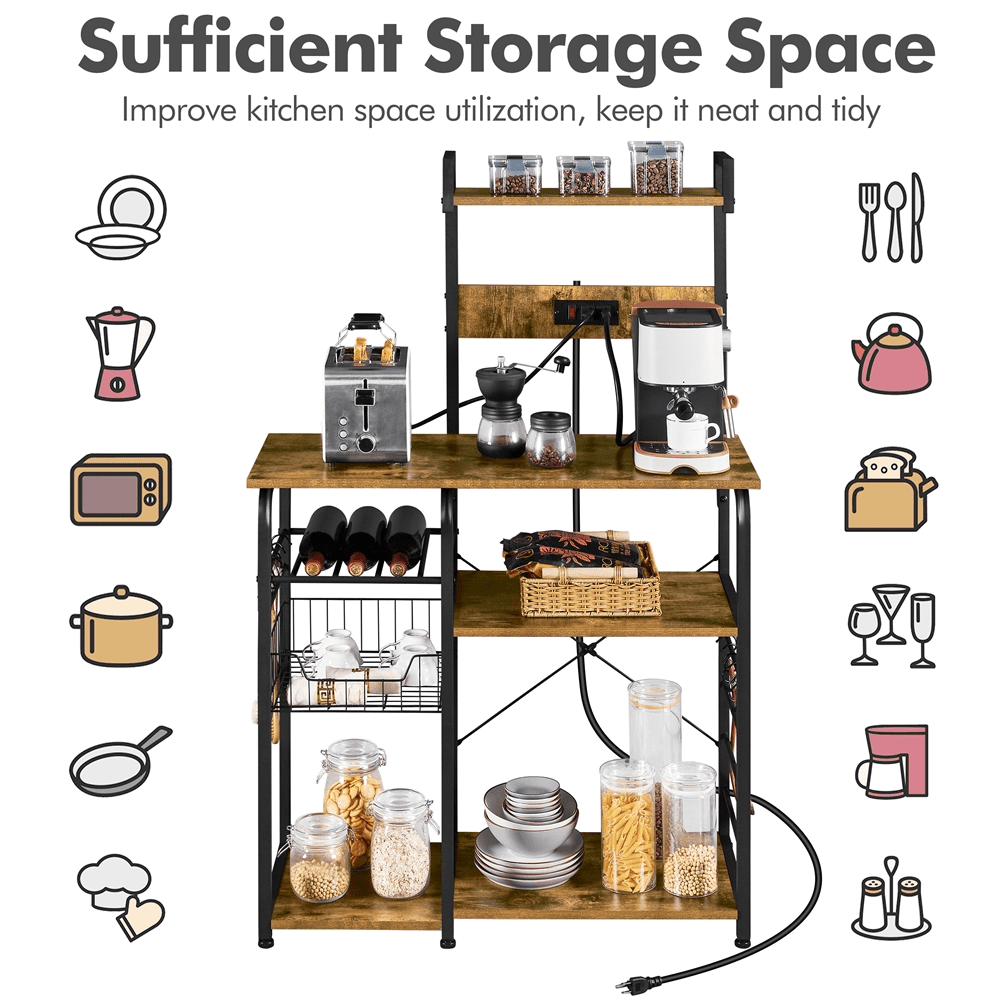 Alden Design 55″Kitchen Baker's Rack with Power Outlet 10 S-Hooks, 4-Tier, Rustic Brown - Image 6