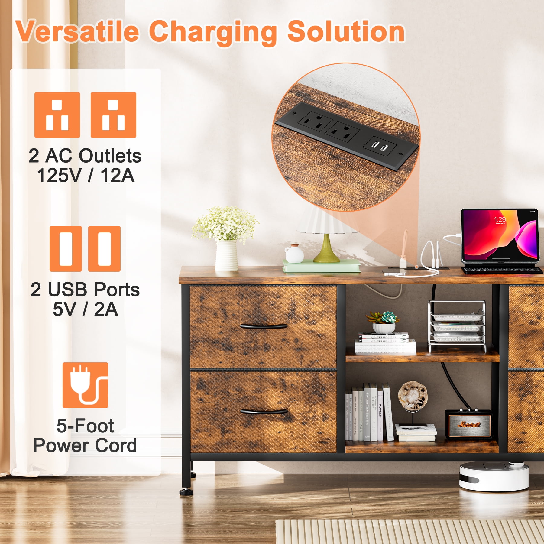 GIKPAL Dresser TV Stand, Dressers for Bedroom TV Stand 4 Drawers with Power Outlet for 50" TV Chest of Drawers for Living Room, Brown - Image 2