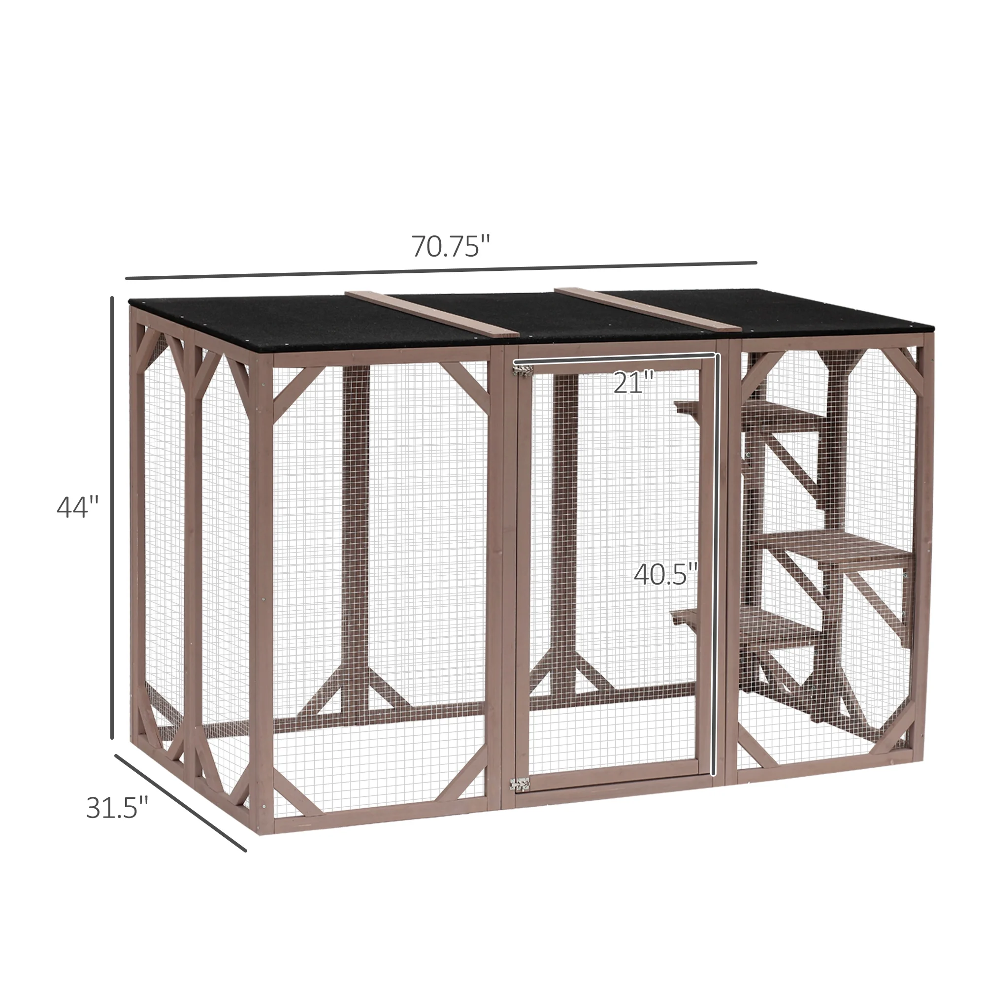 PawHut Wooden Outdoor Cat House Catio Kitten Enclosure Indoor Cage with Asphalt Roof, Multi-Level Platforms and Large Enter Door - 71"L, Brown - Image 7
