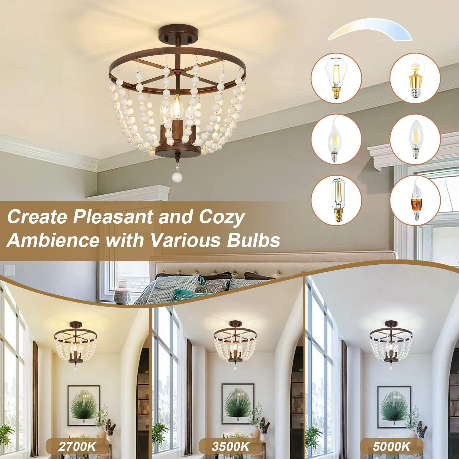 Depuley 3 Light Boho Chandlier Beaded Pendant Light Bohemian Chandelier Rustic Semi Flush Mount Ceiling Light for Kitchen Living Room Bedroom Dining, E26 Socket - Image 3