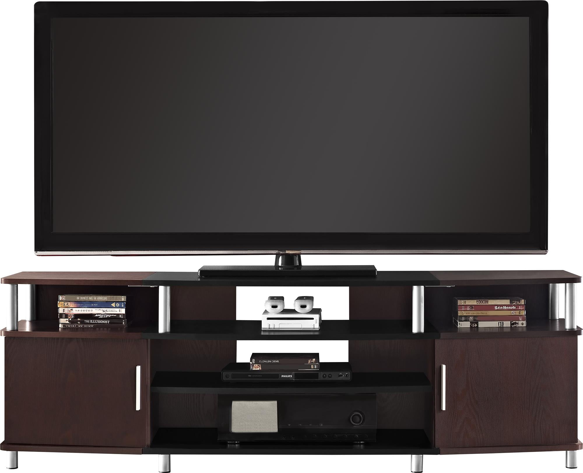 Ameriwood Home Carson TV Stand fits up to 70" with Multiple Open Shelves, Cherry and Black - Image 4