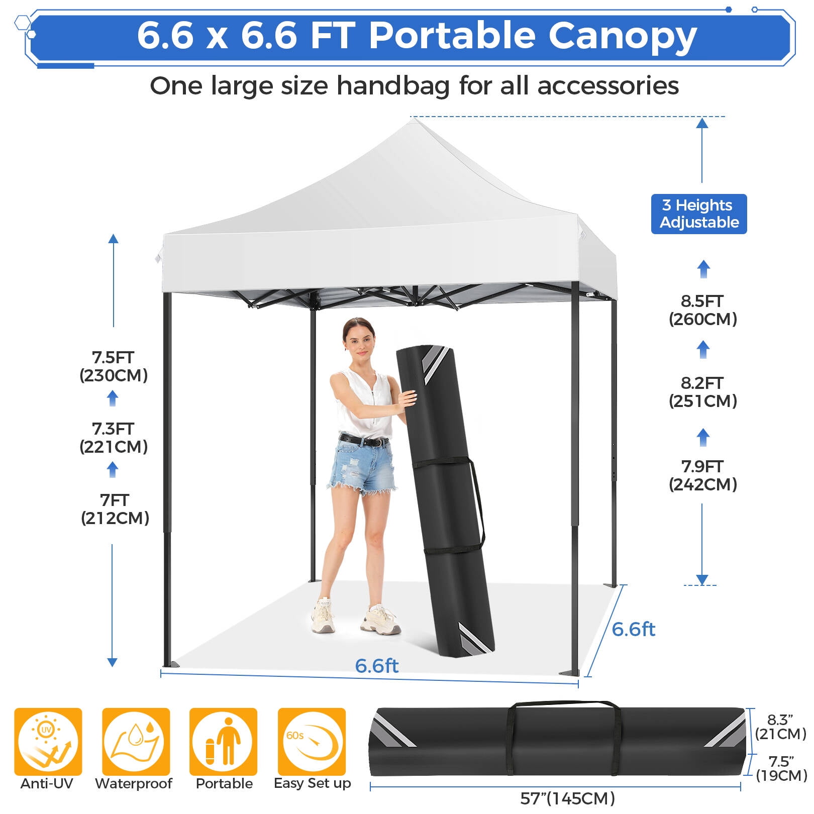 SANOPY 6.6 x 6.6 FT Pop Up Canopy Tent, Heavy Duty Canopy Easy Set up All Weather Waterproof Outdoor Canopy Tent for Parties, Beach, Garden, Camping with 1 Handbag, 3 Adjustable Heights, UPF50+ - Image 4