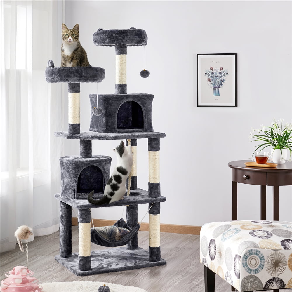 Alden Design 62" Tall Double Condo Cat Tree and Scratching Post Tower, Dark Gray - Image 3