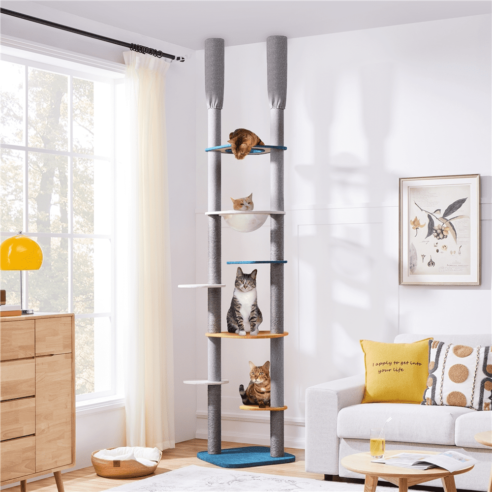 Alden Design 8-8.6ft Floor-to-Ceiling Cat Tree with Clear Cat Bed & 6 Scratching Posts, Blue/Orange - Image 3