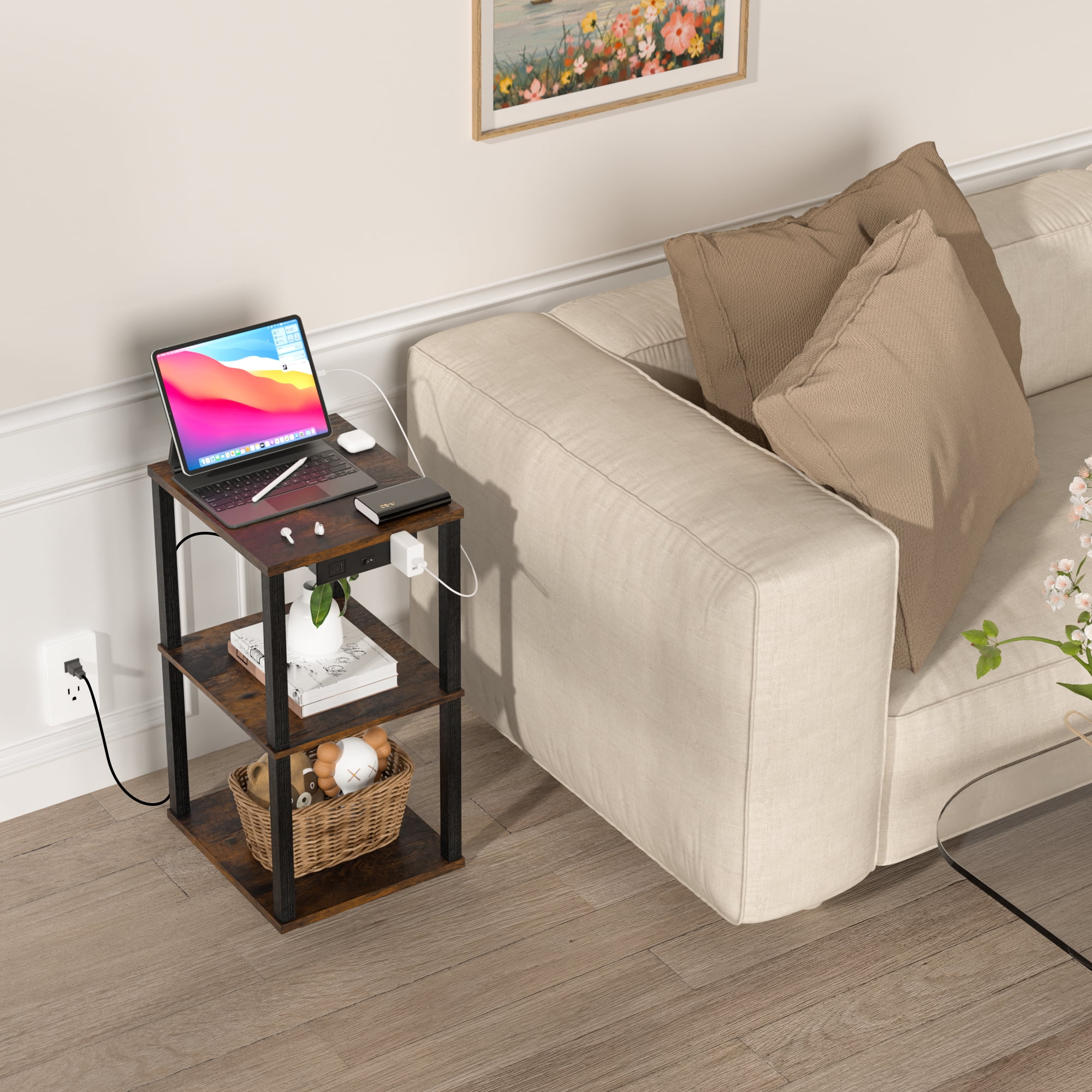 OUTONLIFE End Table with Charging Station, Small Bedside Table with 3 Storage Shelves, Narrow Side Table with USB Ports & Power Outlets, Night Stand for Living Room, Bedroom, Black - Image 3