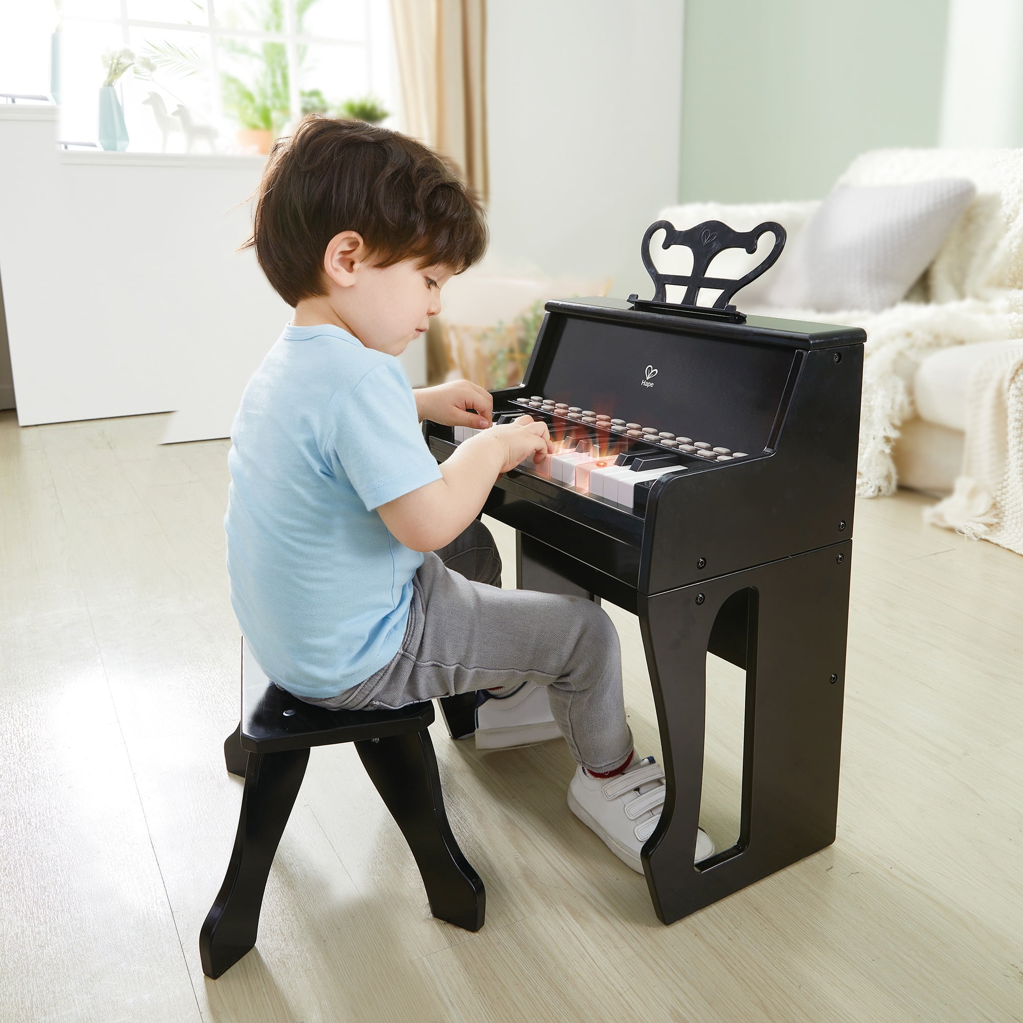 Hape: Learn With Lights Piano w/ Stool - Black - Wooden Electric Musical Toy, 25 Light-Up Keys, Demo Tunes, Record & Playback, Instrument, Kids Age 3+ - Image 4