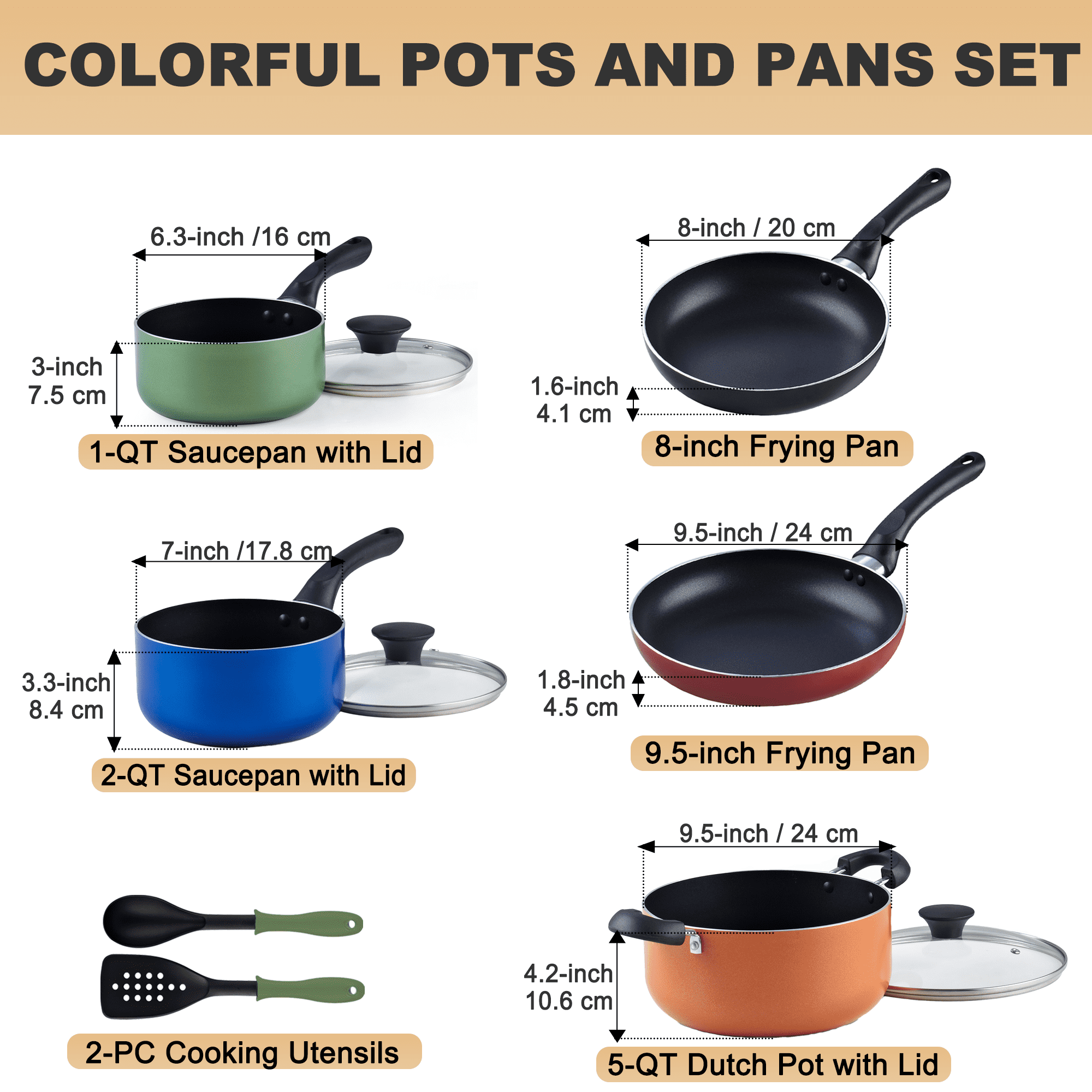 Cook N Home Colorful Pots and Pans Set Non Stick, 10-Piece Small Rainbow RV Cookware Set for Camper for the First Apartment - Image 13