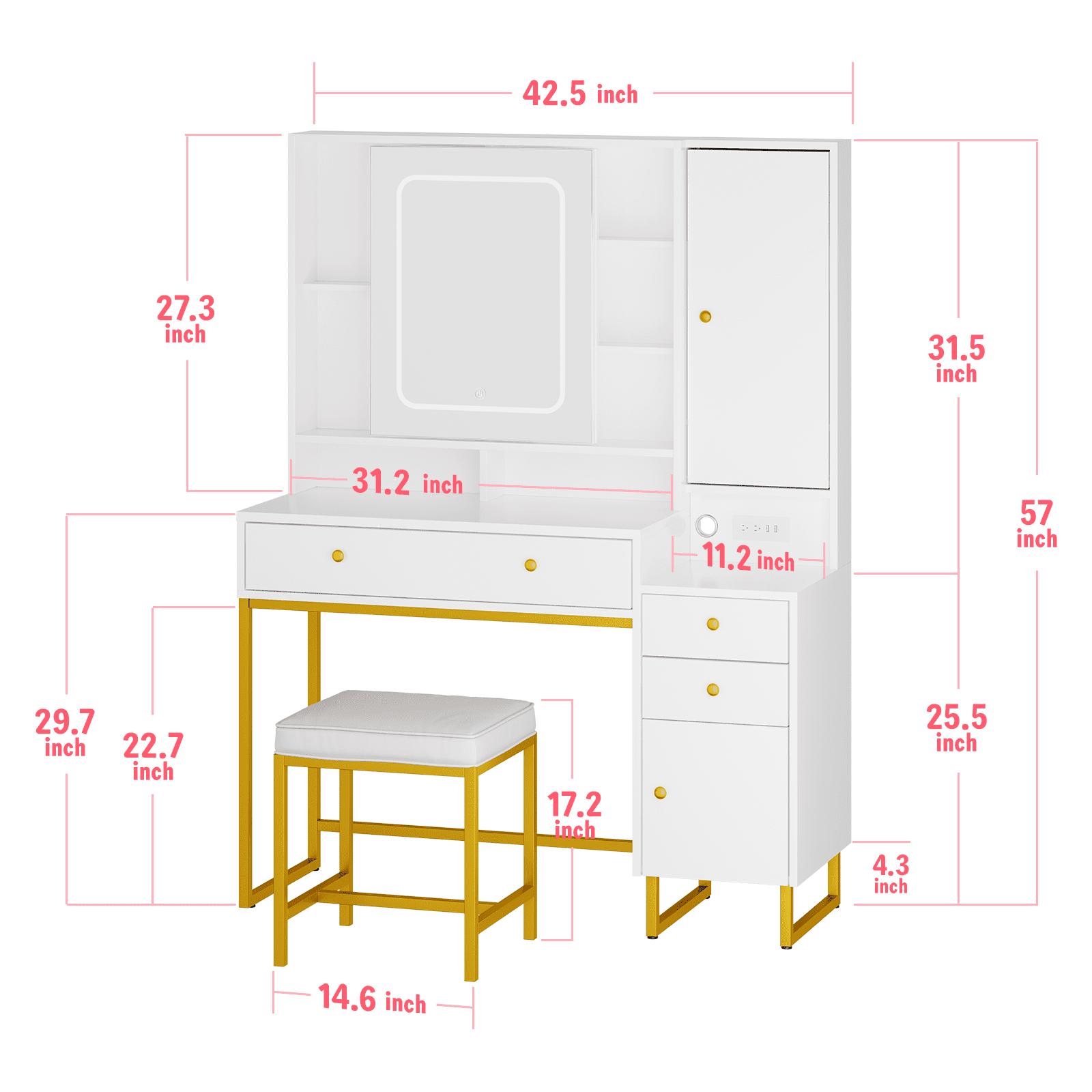 VIPLIVE Vanity Desk with LED Lighted Mirror & Power Outlet, Makeup Vanity Table with Jewelry Cabinet 2 Drawers, and 4 Storage Shelves, 3 Lighting Colors White Vanity Set for Bedroom & Dressing Room - Image 4