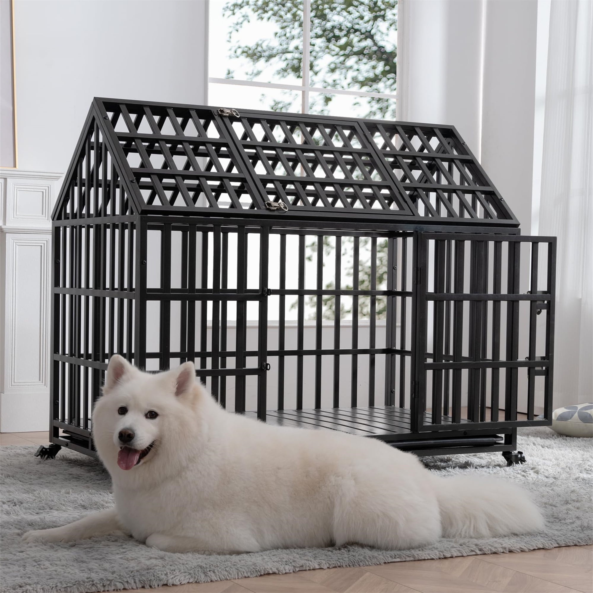 Aukfa 43/47/51 in Heavy Duty Indestructible Dog Crate, House Shape Escape Proof Dog Cage Kennel with Lockable Wheels & Removable Tray - Image 10