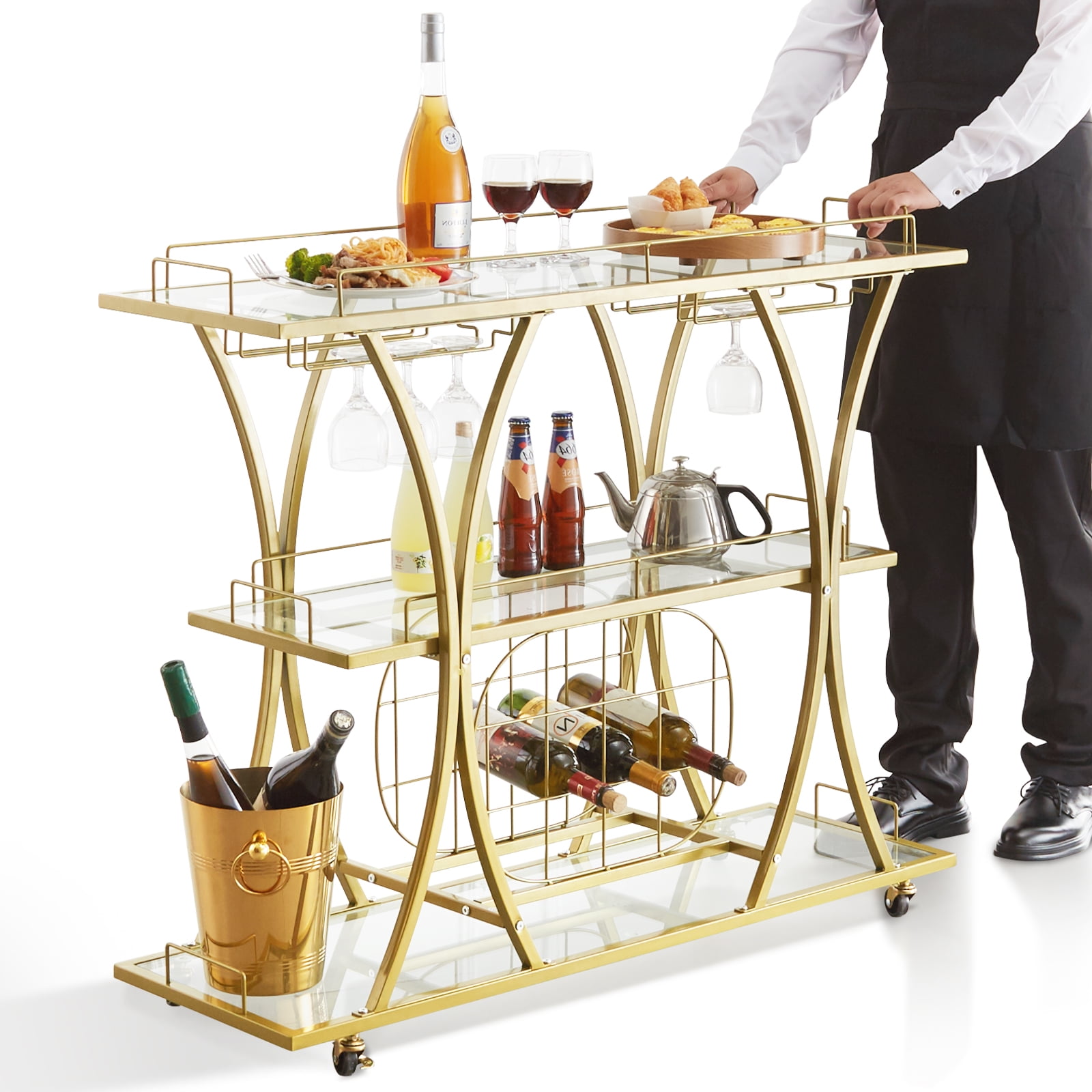VEVOR Gold Bar Cart, 3 Tiers Home Bar Serving Cart with Lockable Wheels and Wine Rack Glass Holder, Rolling Wine Cart, Modern Wine Cart for Home Kitchen Dining and Living Room, 180 lbs - Image 5