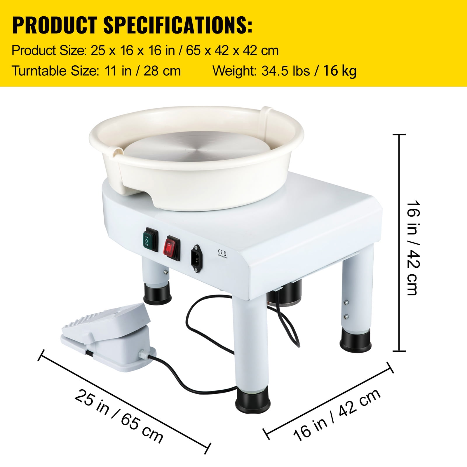 KFFKFF Pottery Wheel, 11" Ceramic Wheel Shaper, 0-300RPM Speed Manually Adjustable 0-7.8" Lift Legs, Foot Pedal Removable Basin, Carving Tools Accessories Kit for Crafts DIY - Image 6