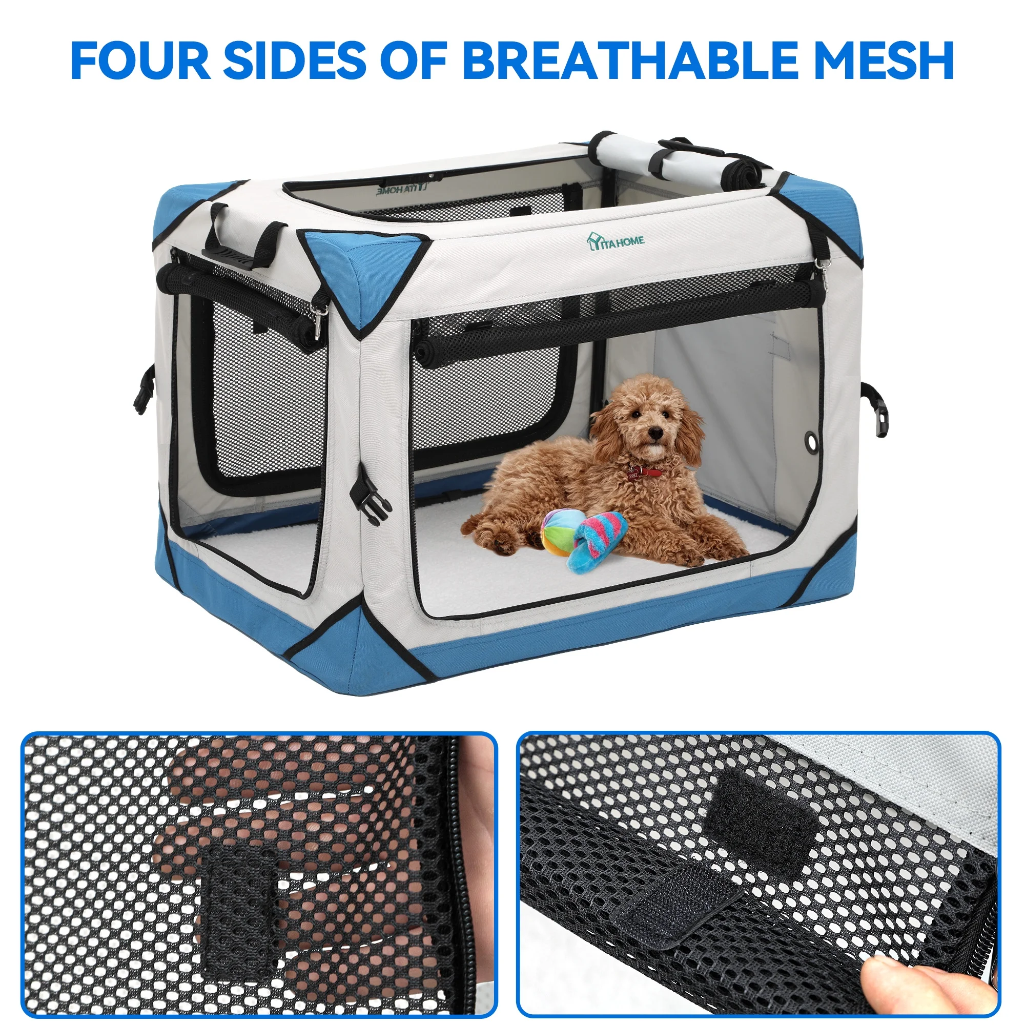 Dextrus Portable Dog Travel Crate, Collapsible Dog Crate with 4 Doors and Sturdy Mesh Windows, Soft Dog Kennel for Indoor and Outdoor Use(42" L x 31" W x 31" H) - Image 4