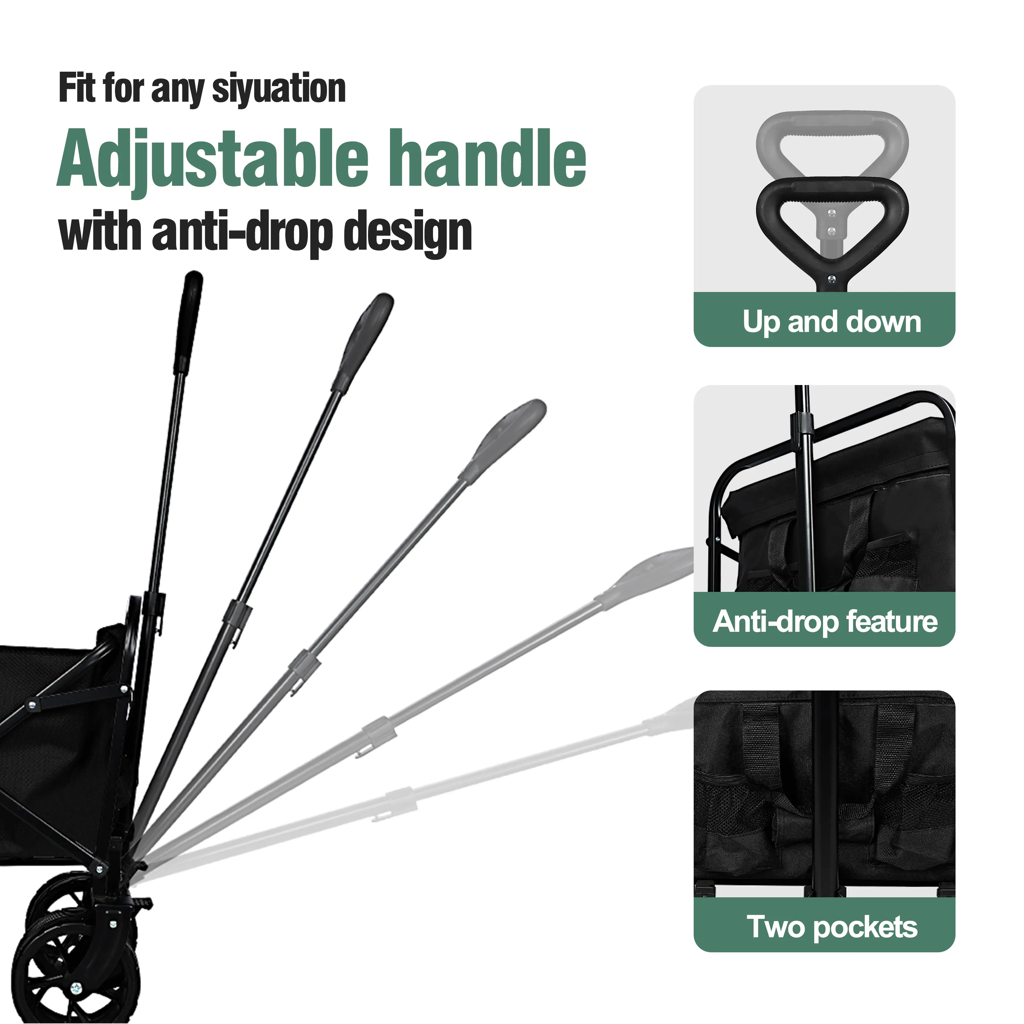 ENYOPRO 440LBS Collapsible Wagon Cart, Heavy Duty Foldable Beach Wagon for Sand w/ Big Wheels, Portable Folding Utility 600D Oxford Cloth Cart with Cup Holder, Extra Pocket, Black - Image 8