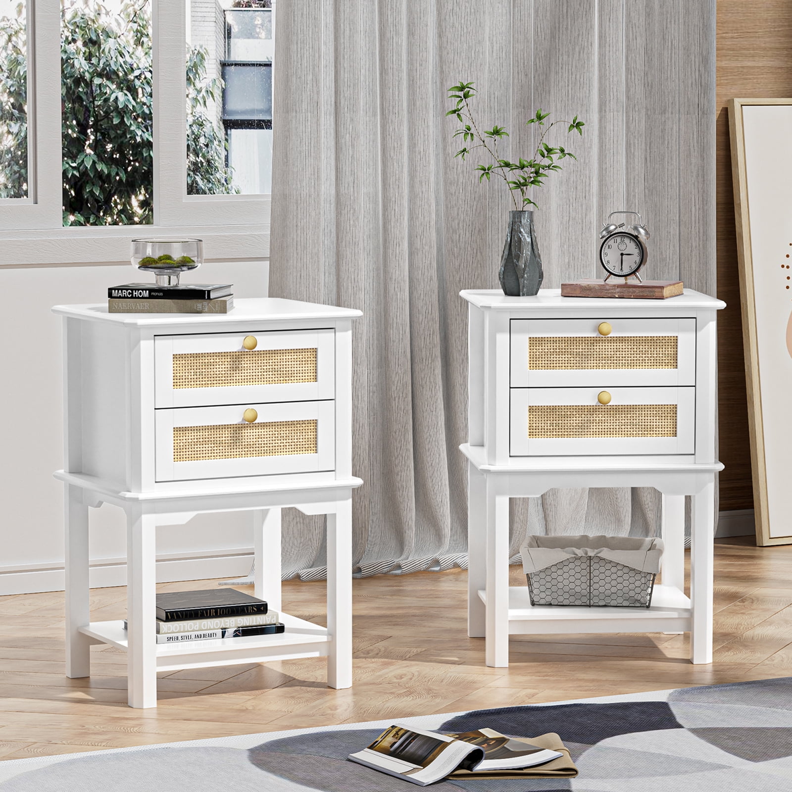 Eumyviv Rattan Nightstand with 2 Drawers and One Open Shelf Bedside Table Side Table for Bedroom Living Room, White& Oak GN002 - Image 6