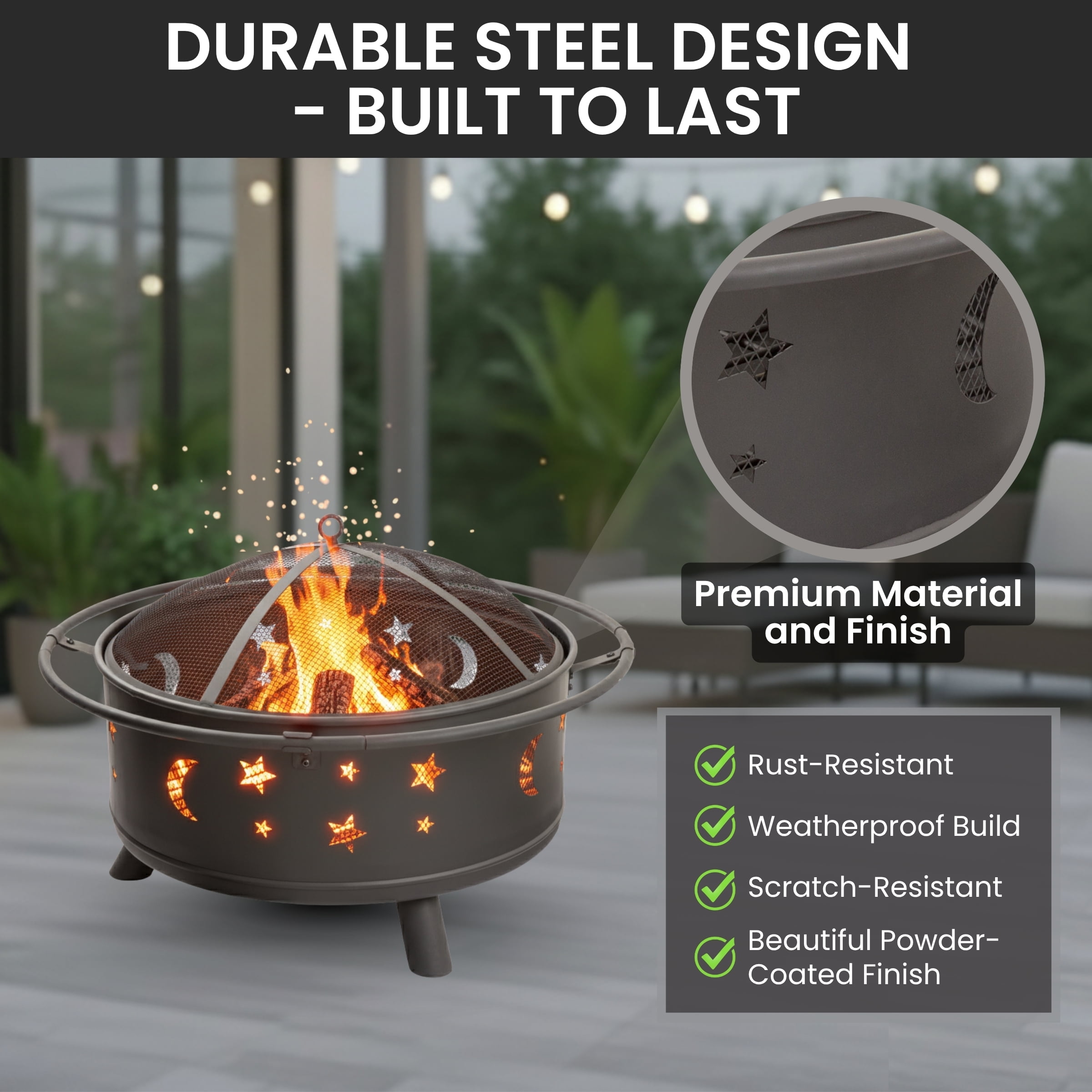 Pure Garden 32-Inch Outdoor Wood Burning Fire Pit with PVC Cover (Black) - Image 7