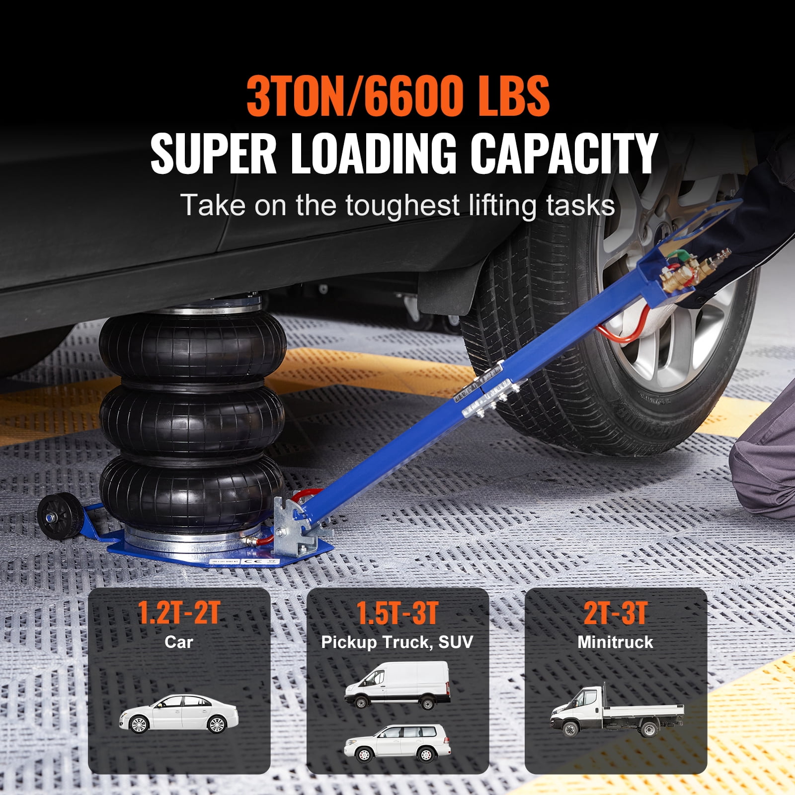 VEVOR Air Jack, 3 Ton/6600 lbs Triple Bag Air Jack, Airbag Jack with Six Steel Pipes, Lift up to 17.7", 3-5 s Fast Lifting Pneumatic Jack, with Adjustable Long Handles for Cars, Garages, Repair - Image 5