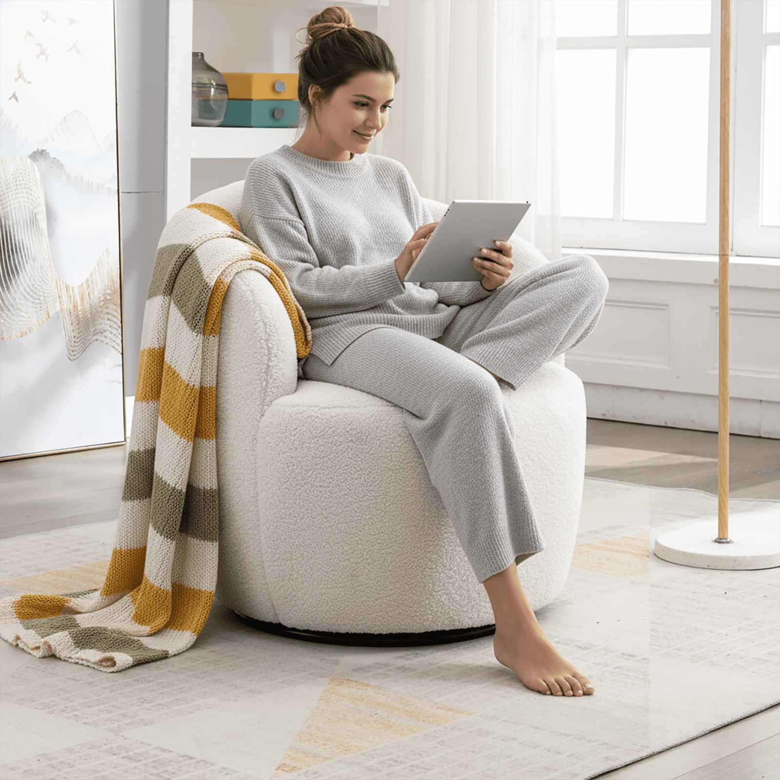 PORKISS Swivel Accent Chair, Armchair with Teddy Fabric, Barrel Chair with Black Powder Coating Metal Ring for Living Room, Bedroom, Ivory White - Image 6