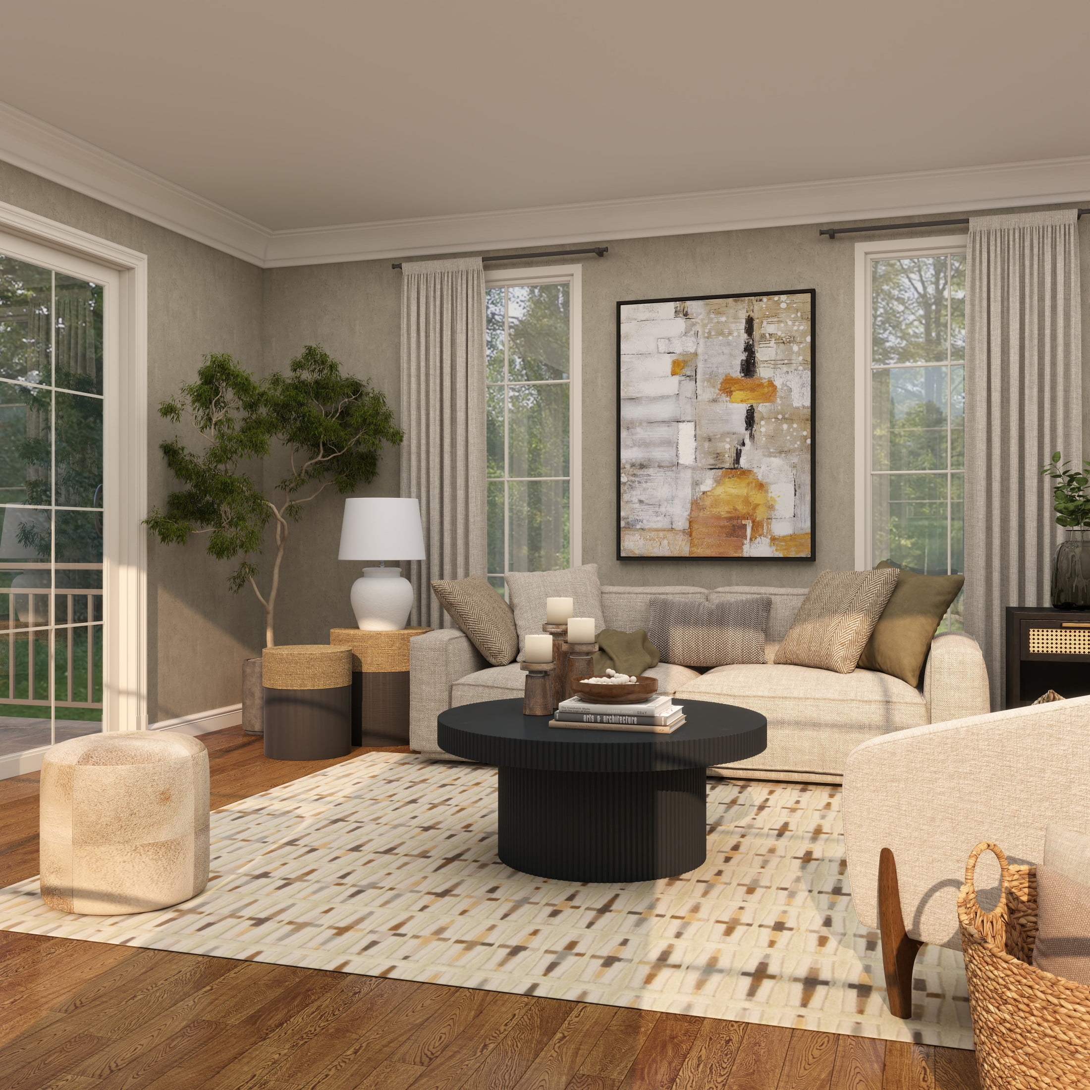 DecMode 19" x 20" Black Wood Handmade Accent Table with Brown Wrapped Seagrass Tabletops, 2-Pieces - Image 6