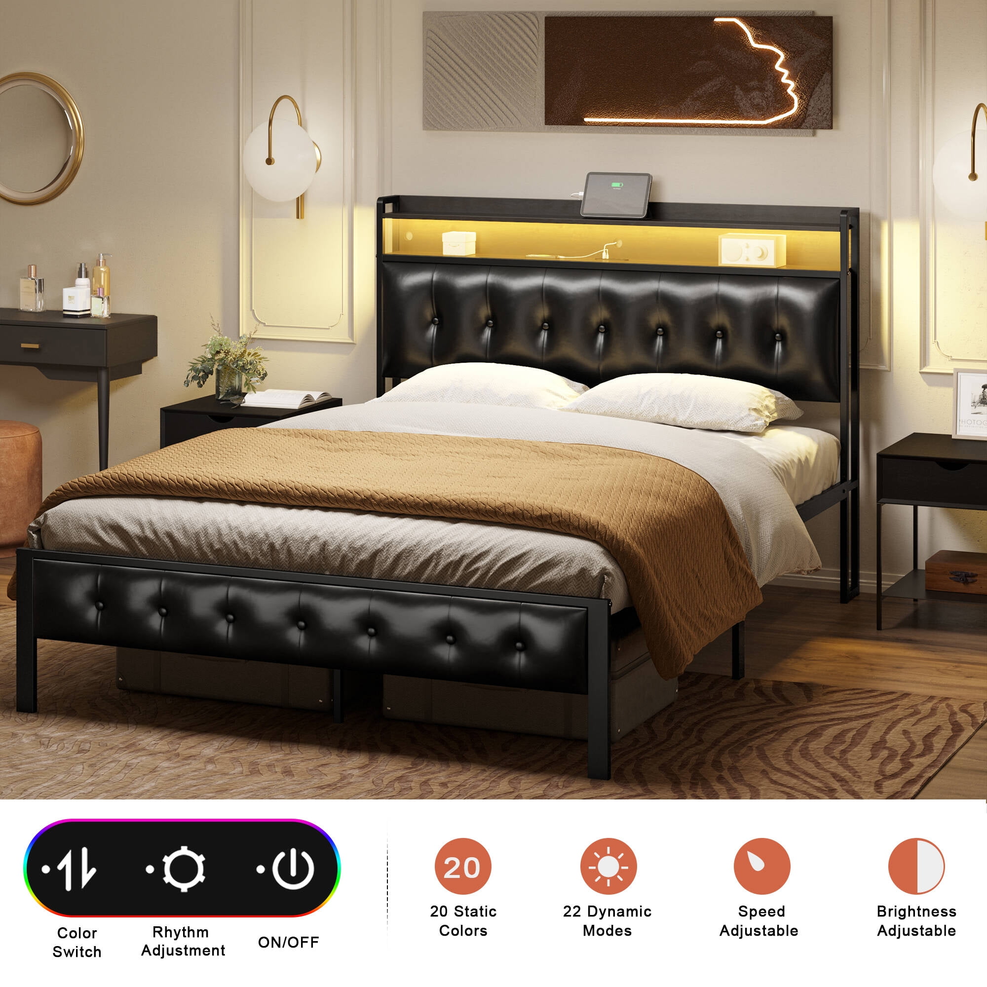 GUNAITO Queen Bed Frame with Storage Headboard Upholstered Platform Bed with LED Lights and Power Charging Station, Black - Image 3