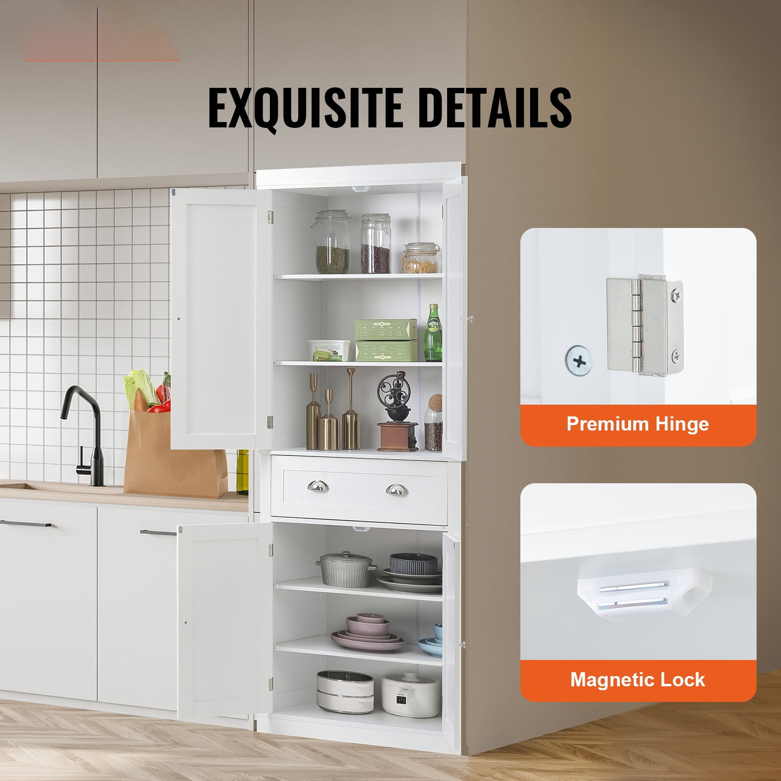 KFFKFF 72" Kitchen Pantry Storage Cabinet with 4 Doors 3 Adjustable Shelves for Kitchen, Living Room Dinning, Pearl White-Free shipping - Image 2