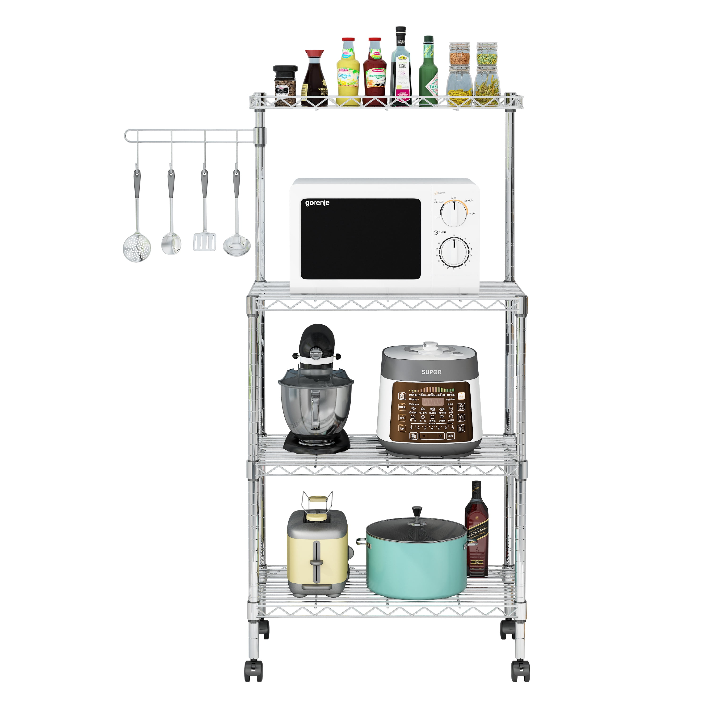 Zimtown 4-Tier Bakers Rack Kitchen Utility Cart Storage Rack Microwave Oven Stand with Hanging Hooks Chrome for Dining Room, Home, Silver - Image 4