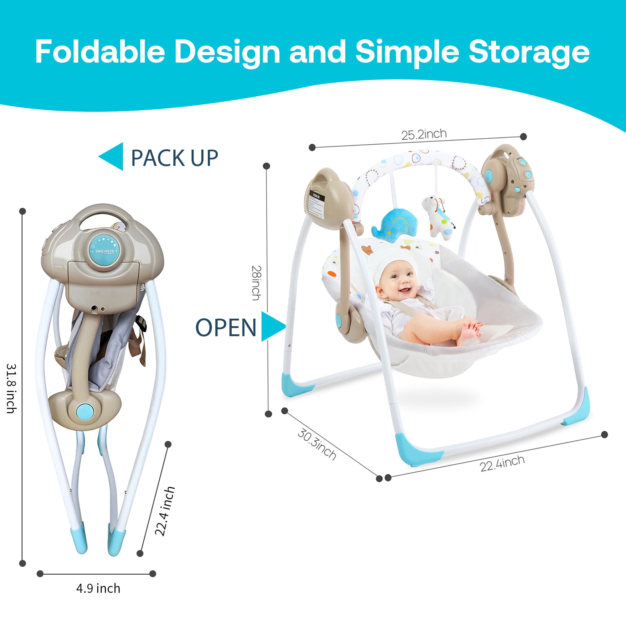 Yadala Baby Swing, Foldable Baby Swing for Infants with Adaptable Speeds, Music, 0-9 Months, Khaki - Image 3