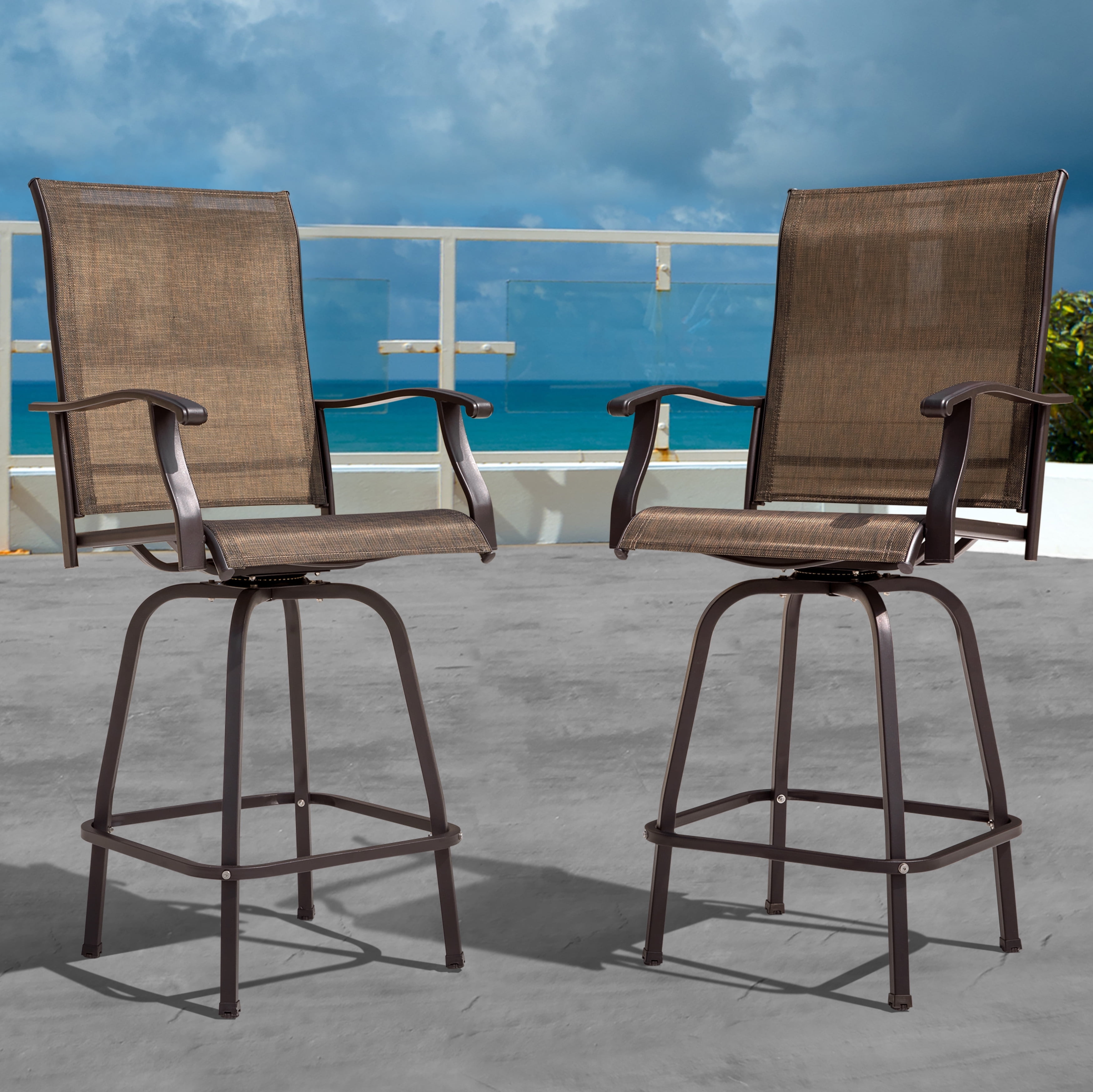 Nuu Garden Outdoor Patio Swivel Bar Stool Set, 2 Piece Seating Iron Bar Height Outdoor High Chairs with Armrests and Footrest, All-Weather Textilene, Brown - Image 5