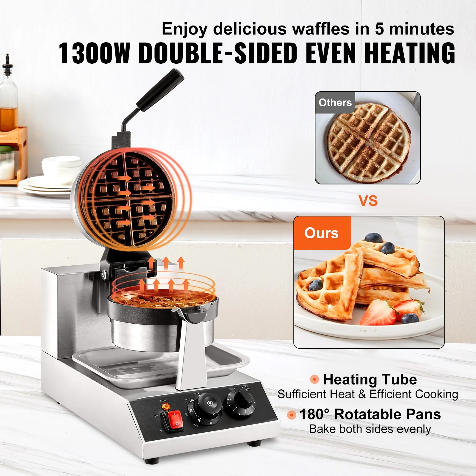 VEVOR Commerical Round Waffle Maker 1300W Rotatable Non-Stick Waffle Iron 120V - Image 8