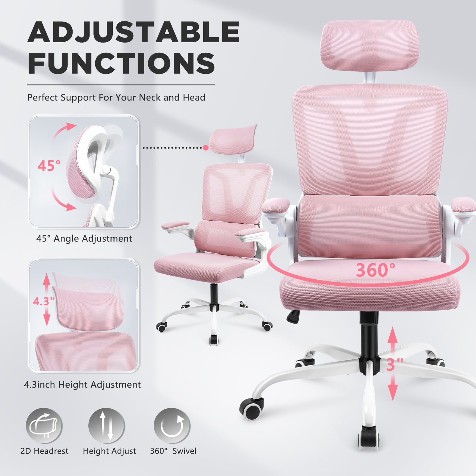 Soontrans Ergonomic High Back Office Chair, Mesh Computer Desk Chair with Lumbar Support Flip-up Armrests, Adjustable Arms & Headrest, Pink - Image 2