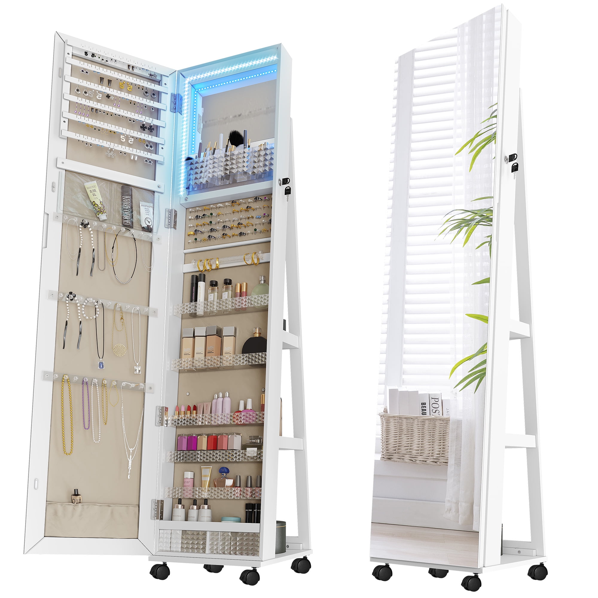Dextrus 360° Swivel Jewelry Cabinet With Wheels, Lockable Standing Jewelry Armoire with Full-Length Mirror, Rear Storage Shelves, White - Image 4