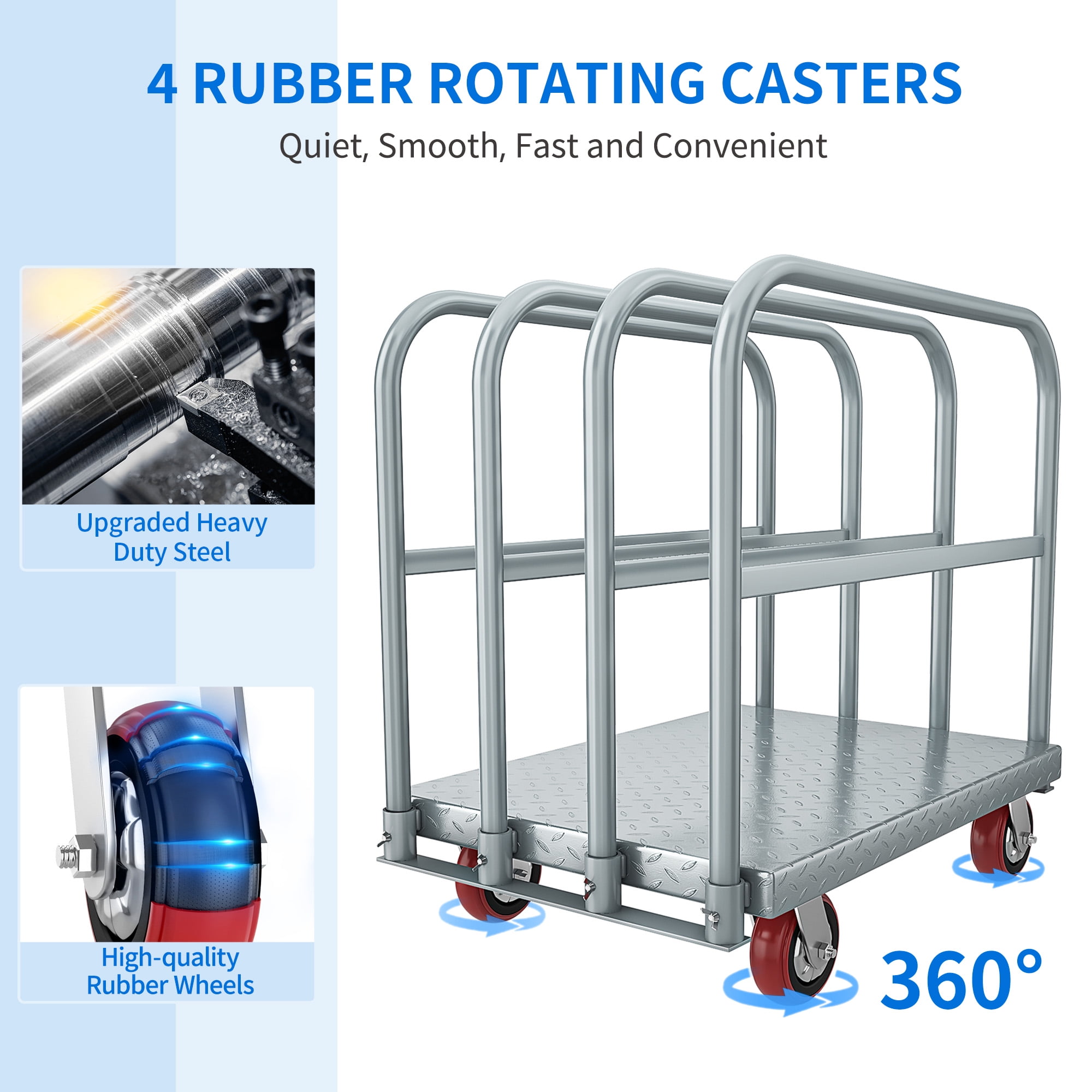 Dextrus 2-in-1 Heavy-Duty Platform Truck, 2200 lbs Capacity, Steel Panel with 4 Side Rails and 5" Rubber Swivel Wheels - Image 3