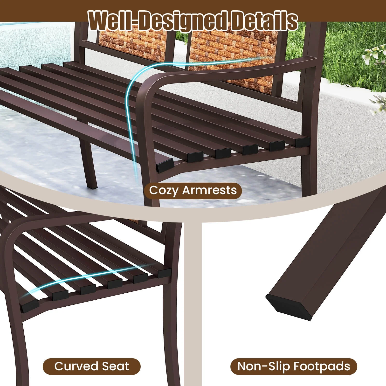 Costway Patio Garden Bench Steel Frame Rattan Backrest Park Yard Outdoor Porch Furniture - Image 9
