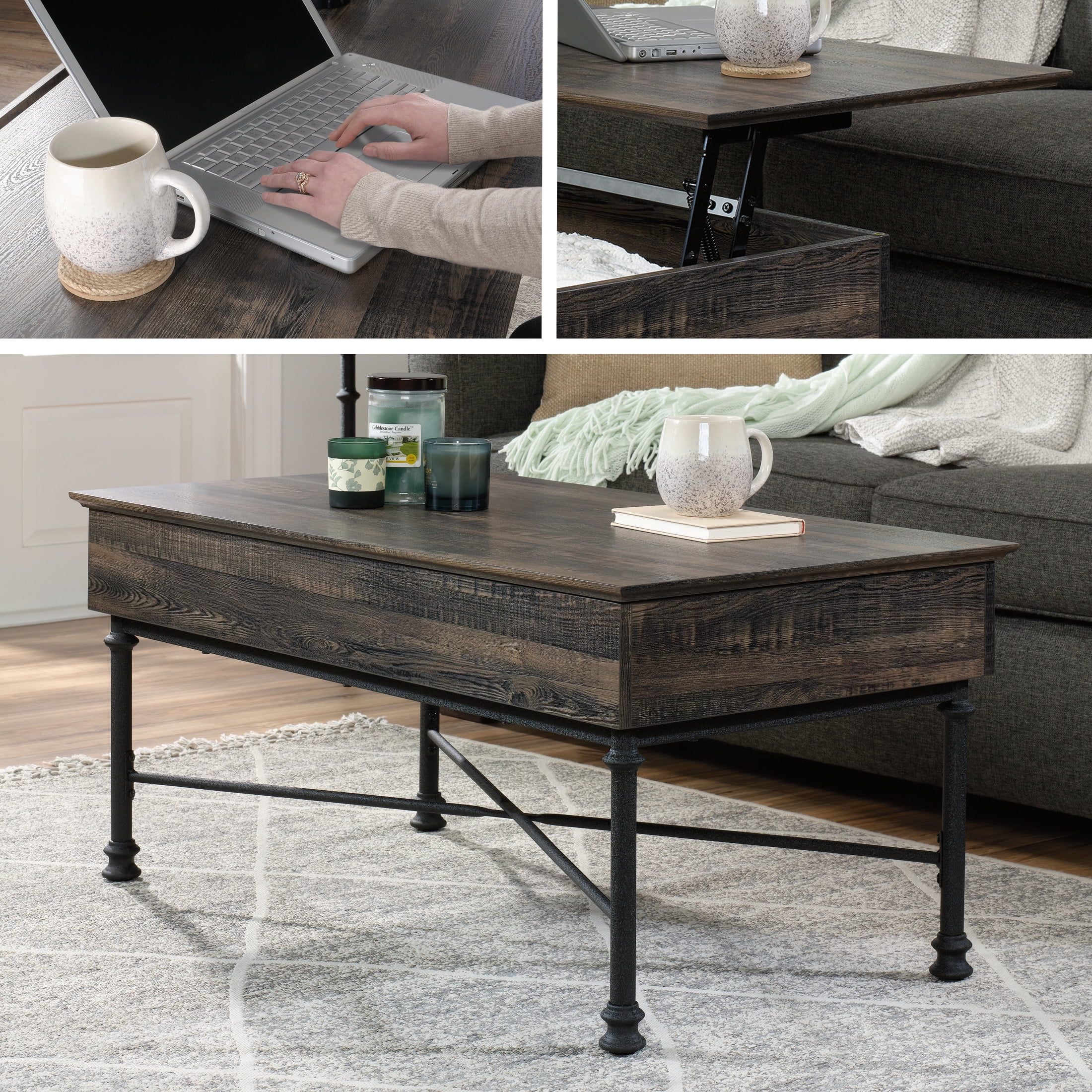 Sauder Canal Street Industrial Lift-Top Coffee Table with Storage, Carbon Oak Finish - Image 2