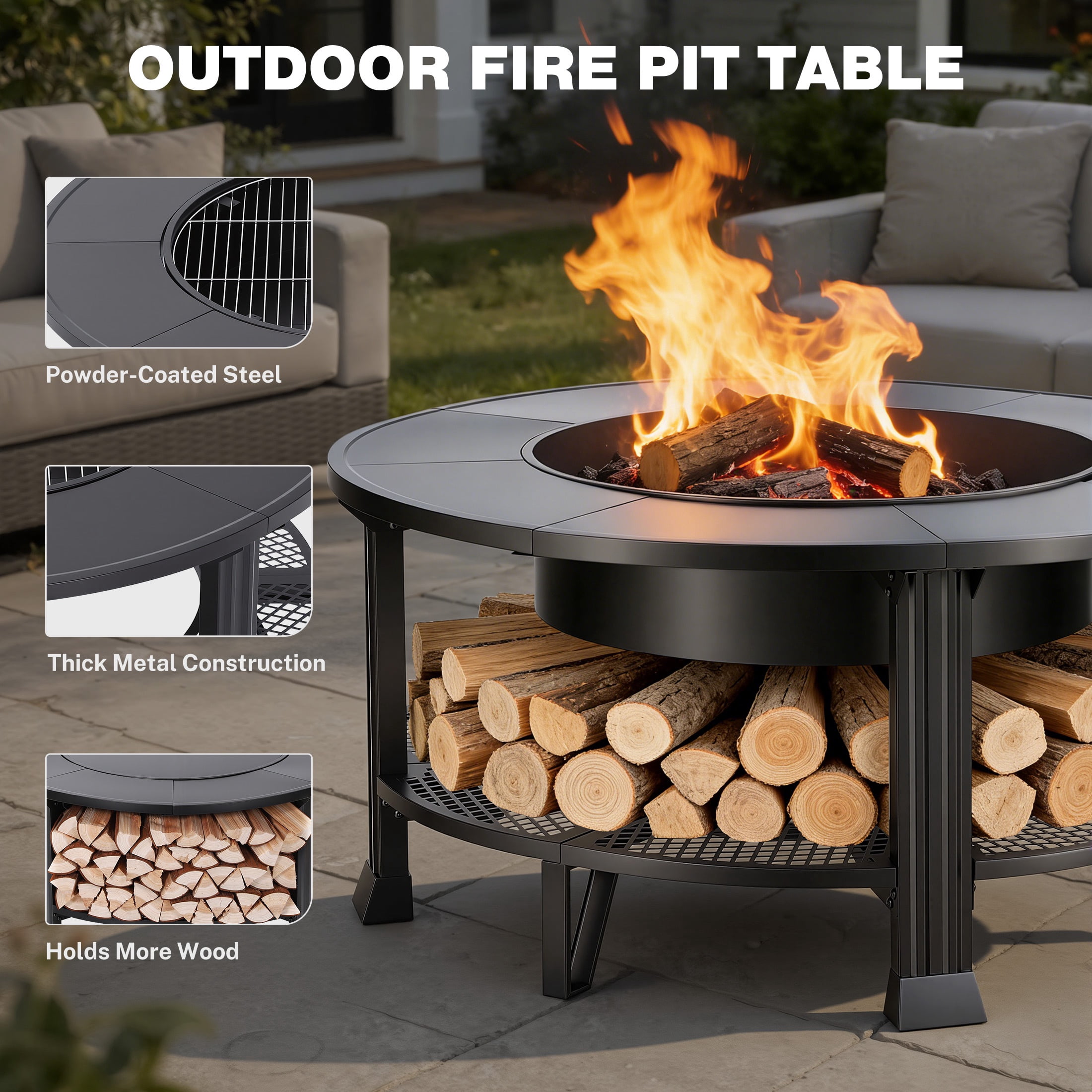 Fire Pits for Outside, 38" Wood Burning Fire Pit Table with Poker, BBQ Net Grill, Cover & Firewood Rack, Round Outdoor Fire Pit for Patio, Backyard & Garden, Round Fire Pit/BBQ Fire Pit, Black - Image 3