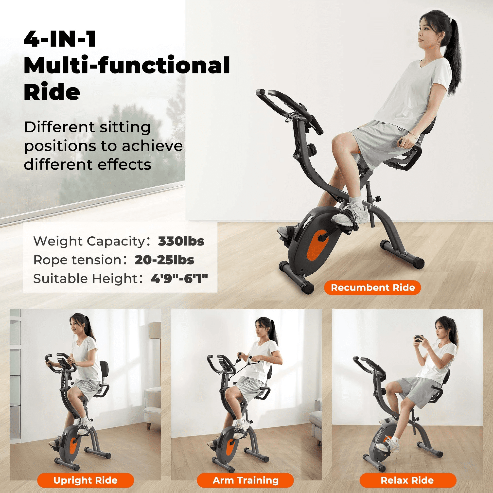Naipo Folding Exercise Bike 4 in 1 Magnetic Stationary Recumbent Bike 10 Level Resistance for Home Use with Arm Resistance Bands - Image 3
