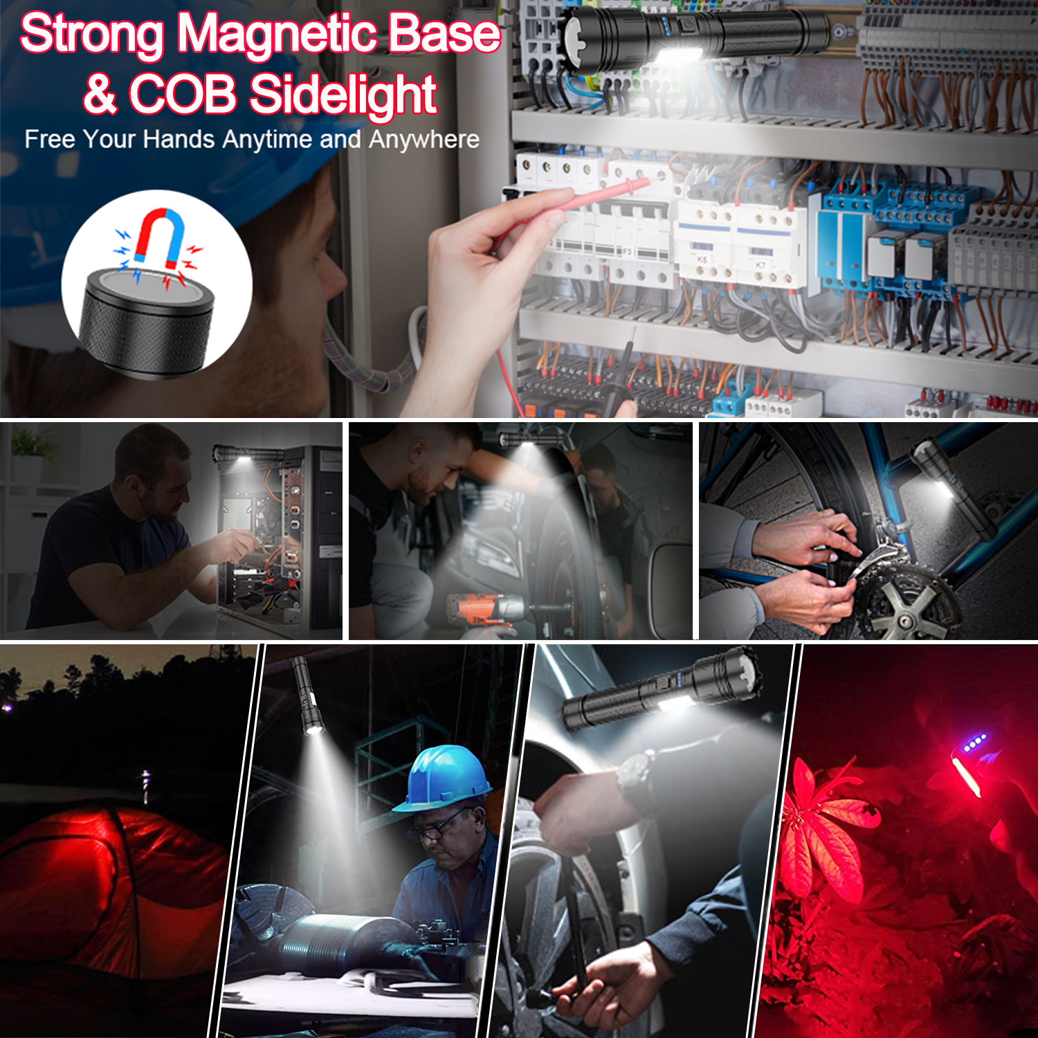 LED Magnetic Flashlight High Lumens 10000 Rechargeable, Super Bright Small Tactical Flashlights with COB Sidelight Work Light Zoomable Handheld Torch Lamp for Emergency, Camping - Image 12