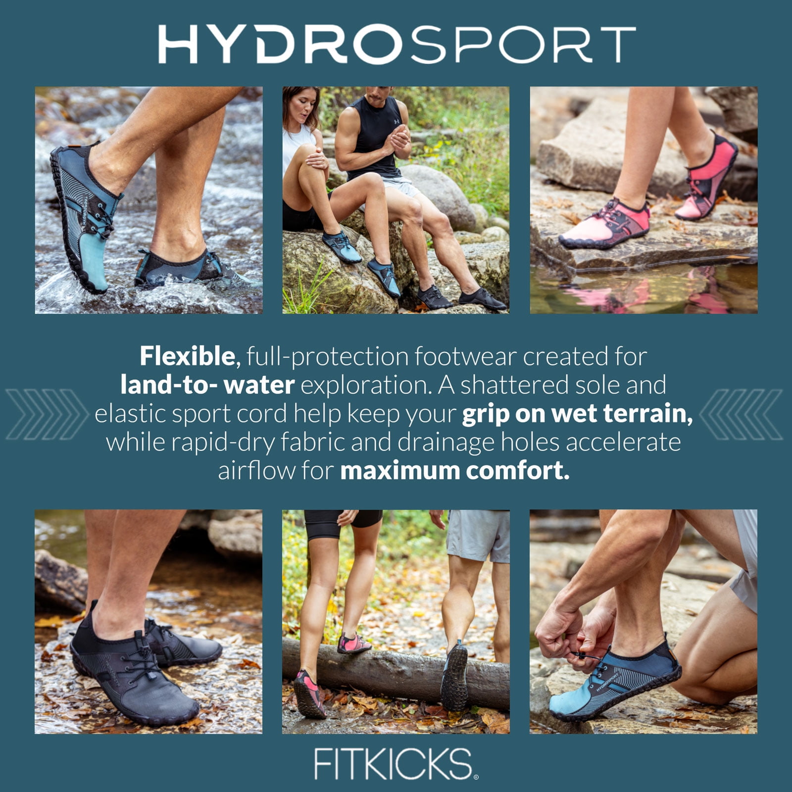 FITKICKS HydroSport Land-to-Water Footwear Barefoot Shoes, Teal (Unisex) - Image 7
