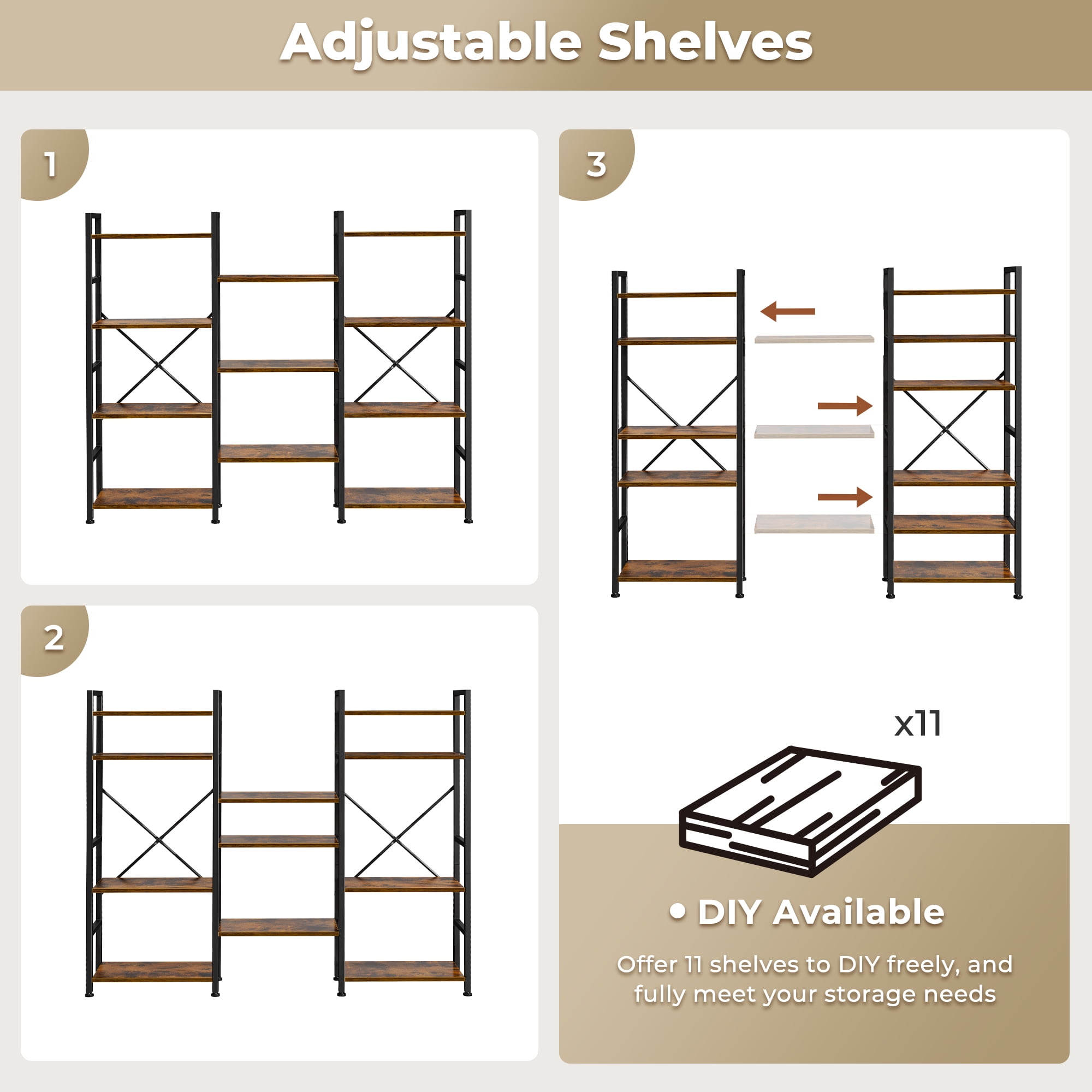 4 Tiers Industrial Bookcase and Bookshelf, Metal Wood 11 Display Shelves, Large Book Shelf for Living Room, Storage Shelf Organizer, Book Case in Brown - Image 2