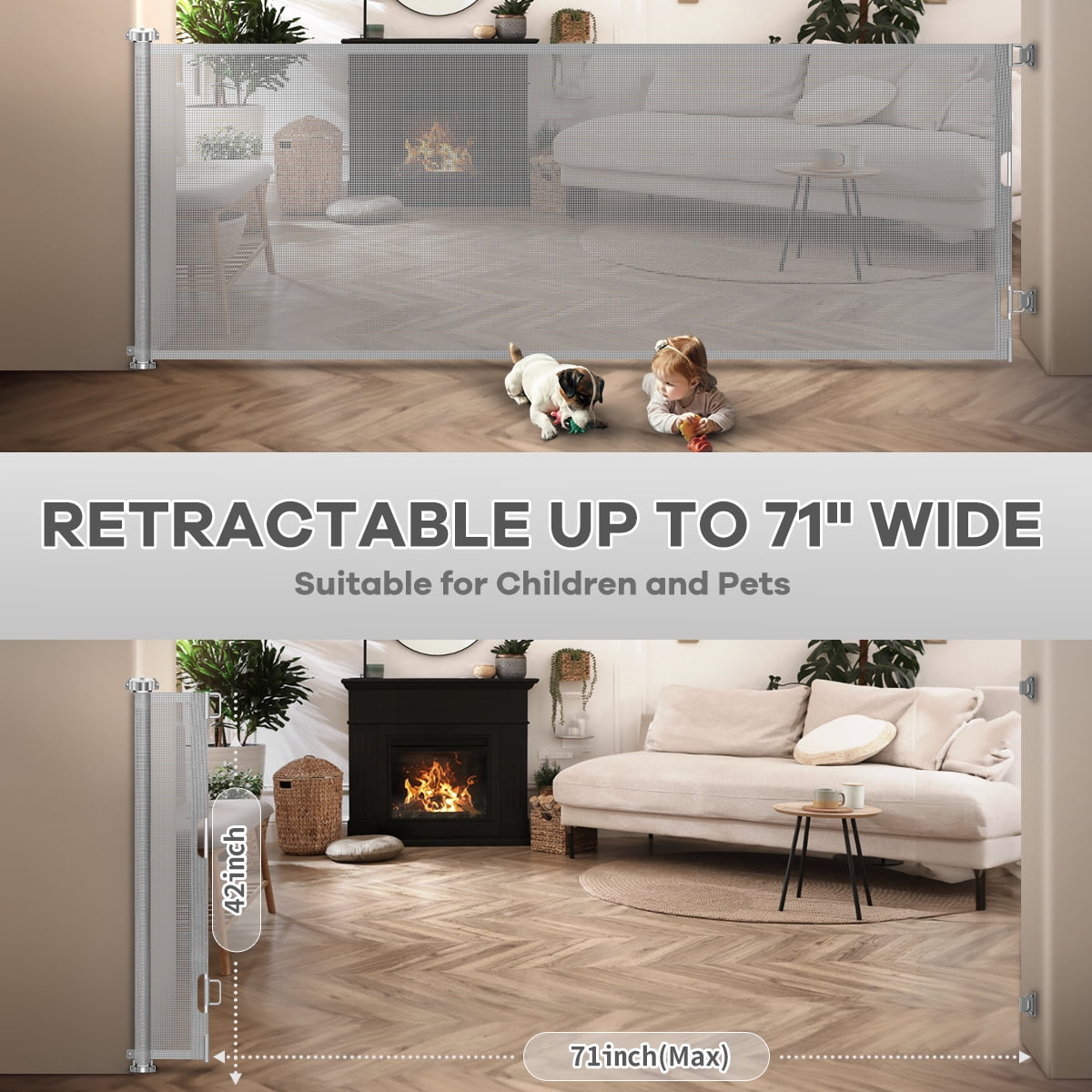 Retractable Baby Gate, POPO 42 inch Extra Tall Baby Gate, 71" Wide Baby Gate Dog Gate for Stair, Doorway, Gray - Image 3